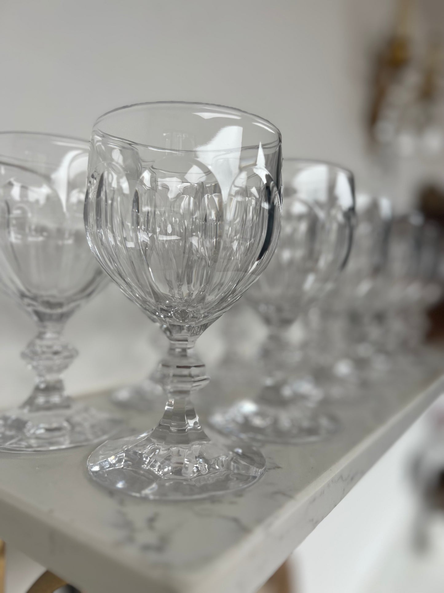 Set of 12 Large Vintage Crystal Slice Cut Wine Glasses