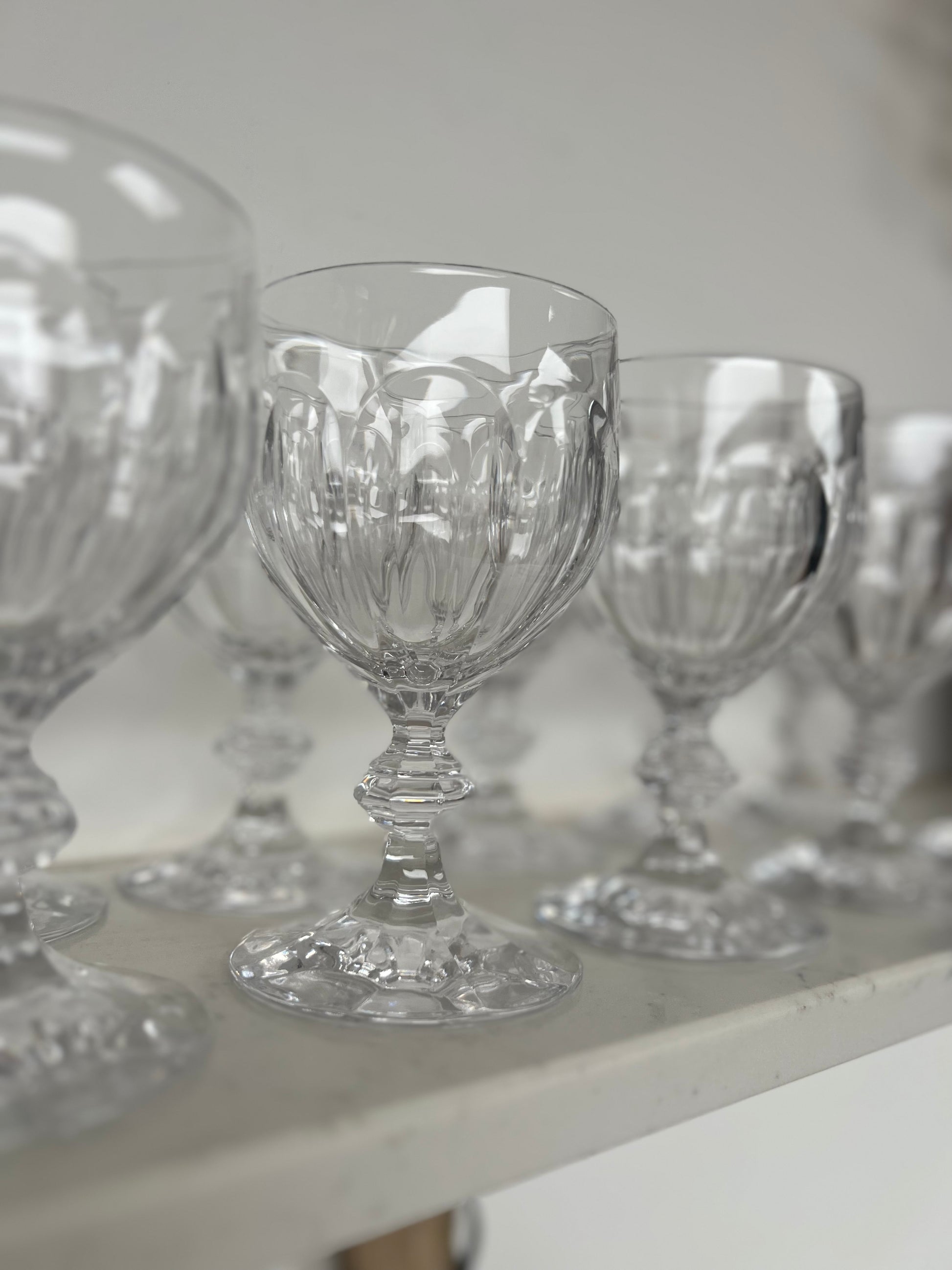 Set of 12 Large Vintage Crystal Slice Cut Wine Glasses