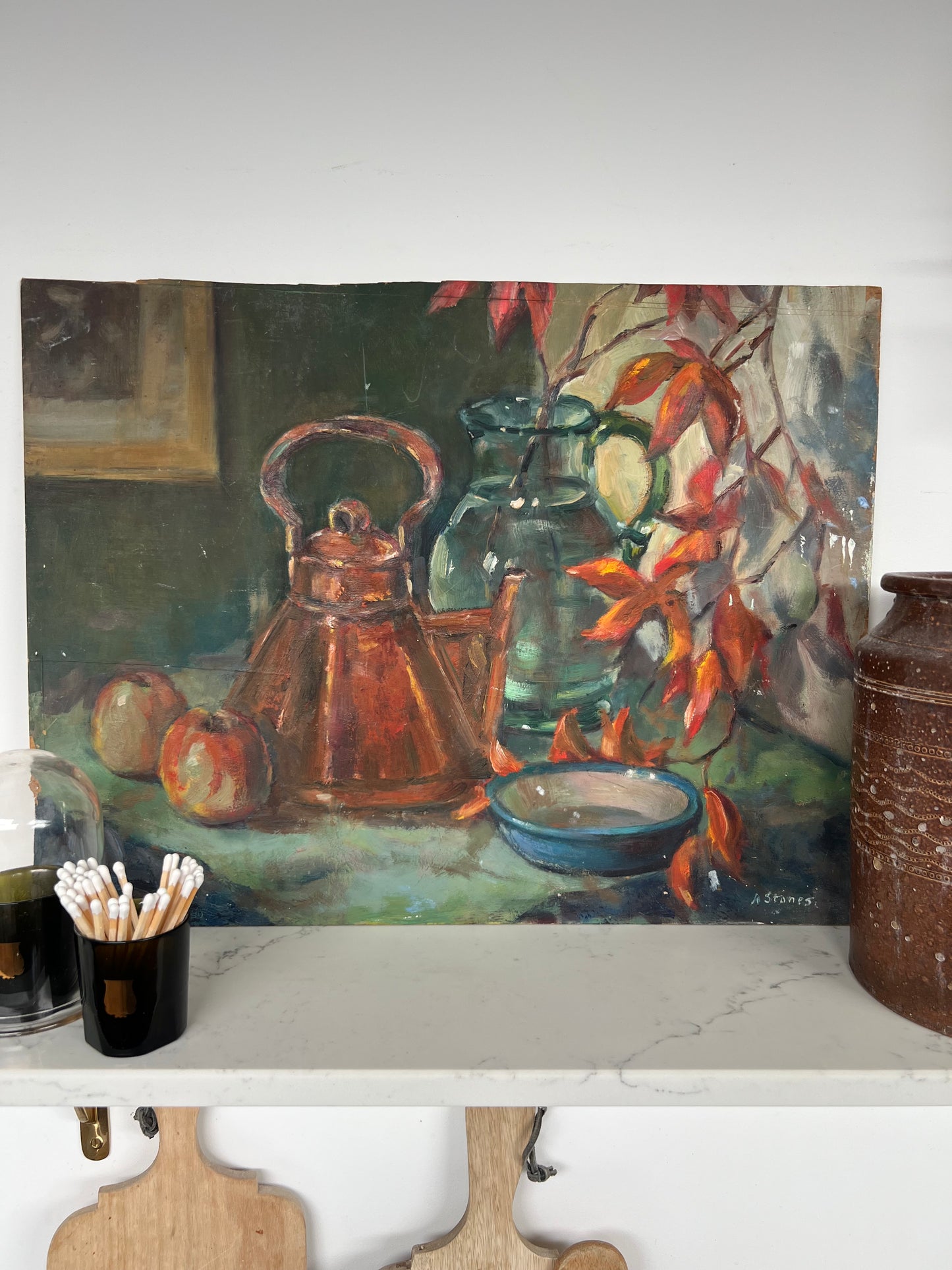 Mid Century Still Life Kettle & Leaves Oil On Board