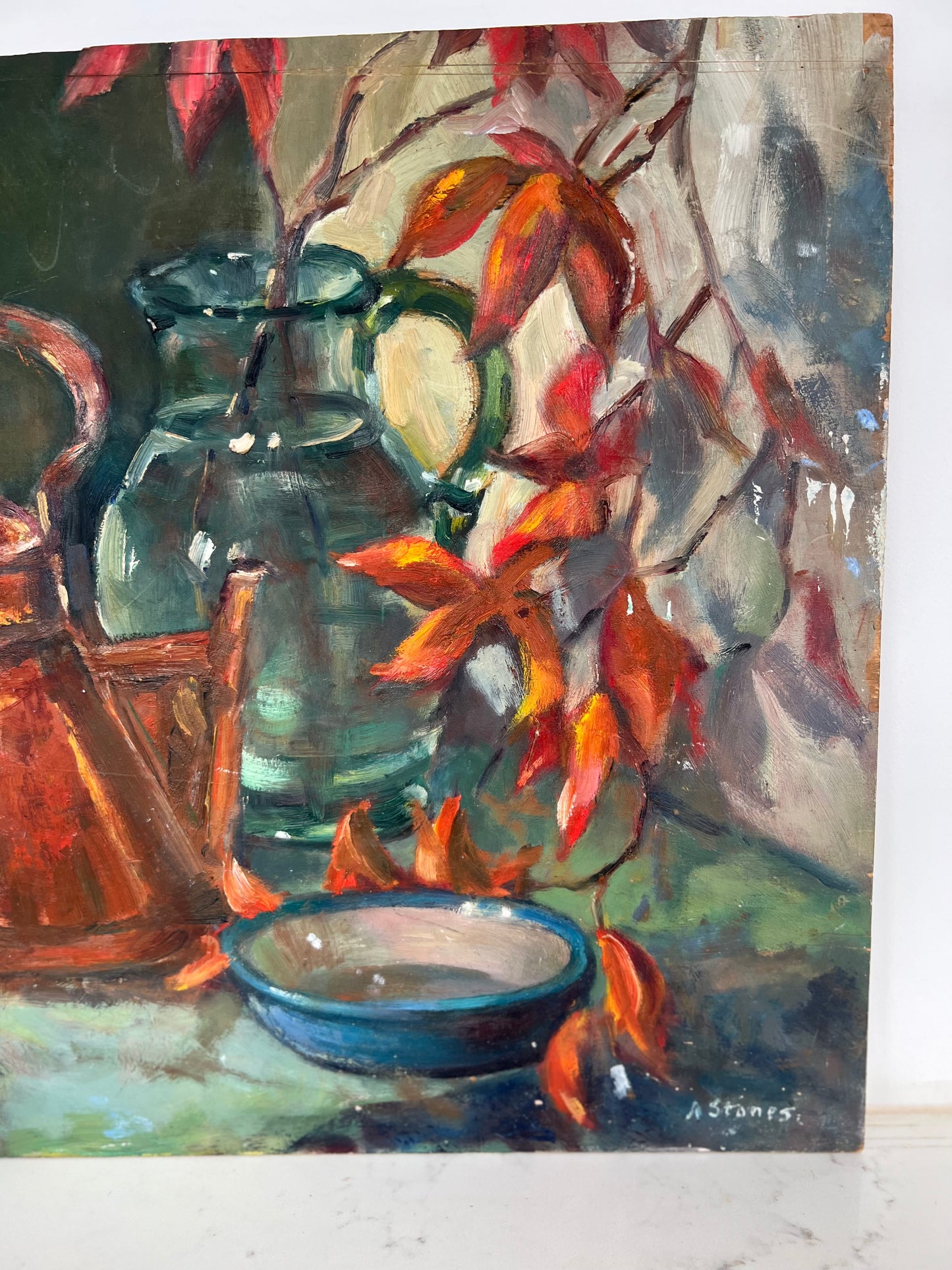 Mid Century Still Life Kettle & Leaves Oil On Board