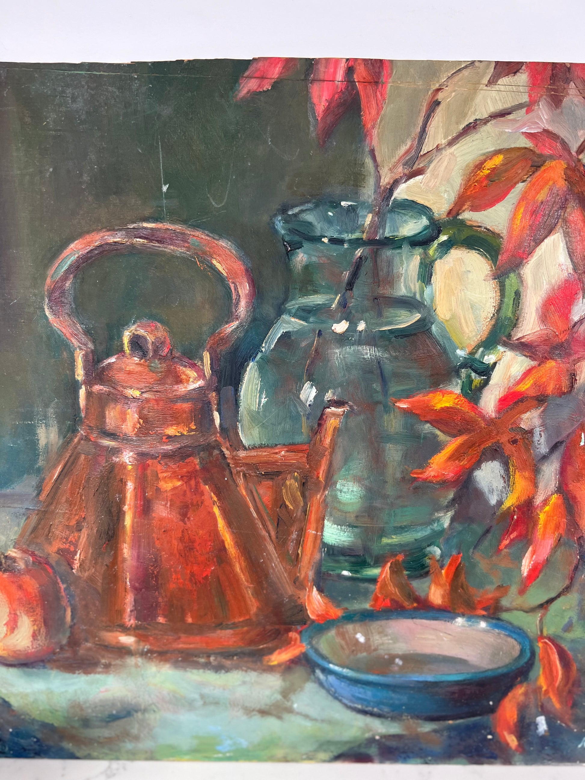 Mid Century Still Life Kettle & Leaves Oil On Board