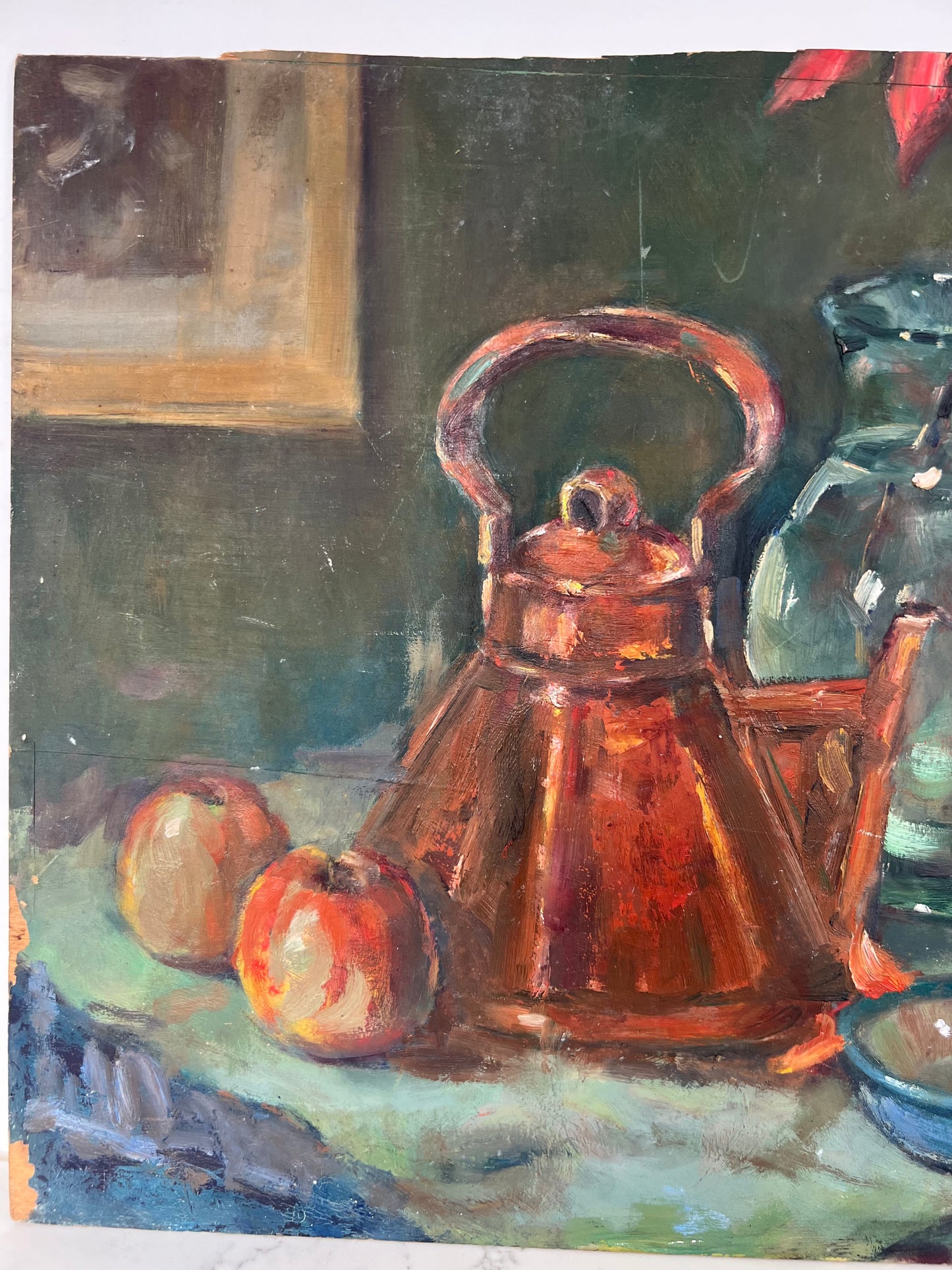 Mid Century Still Life Kettle & Leaves Oil On Board