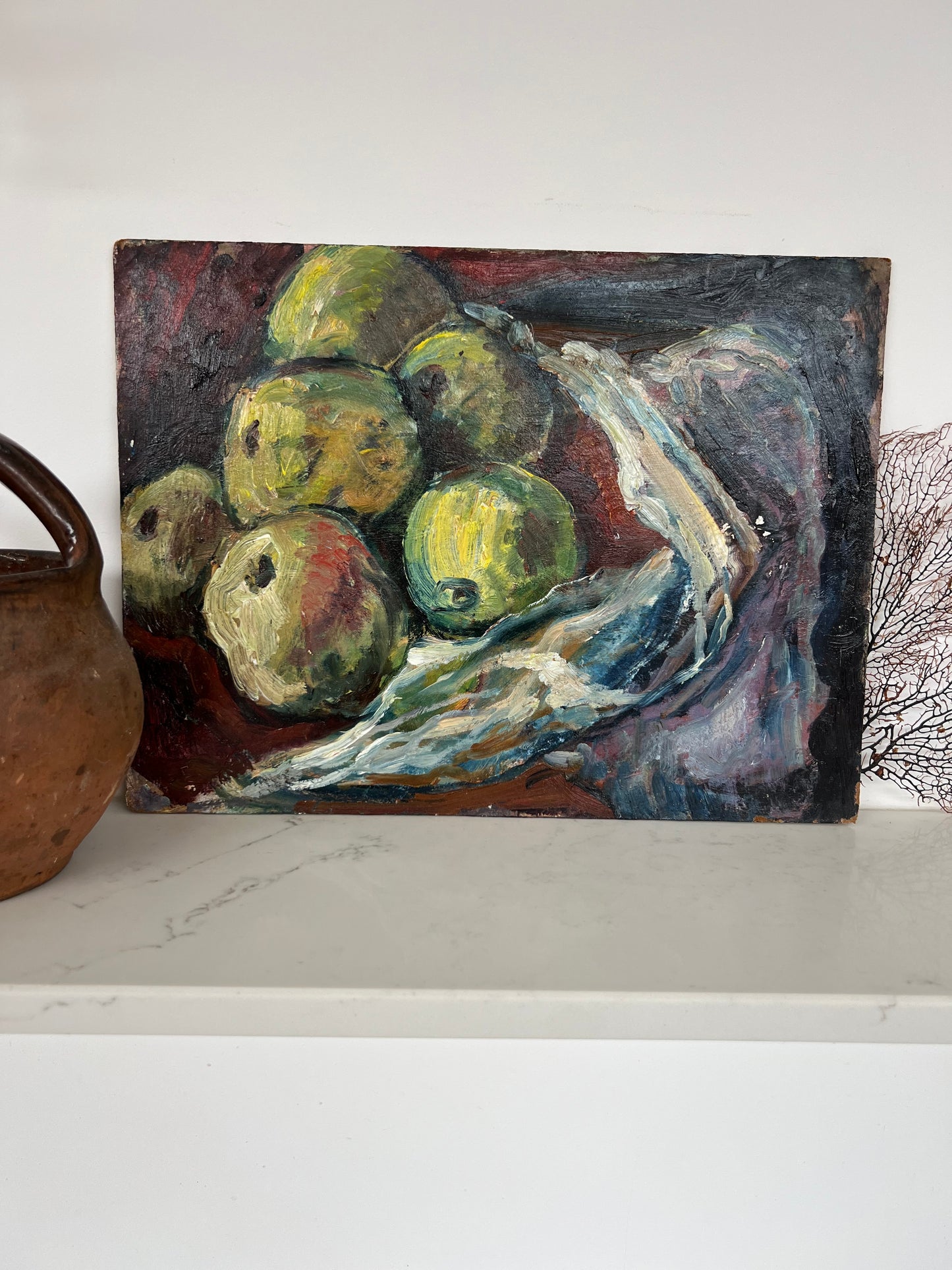 Vintage Mid Century Oil On Board Apples Still Life