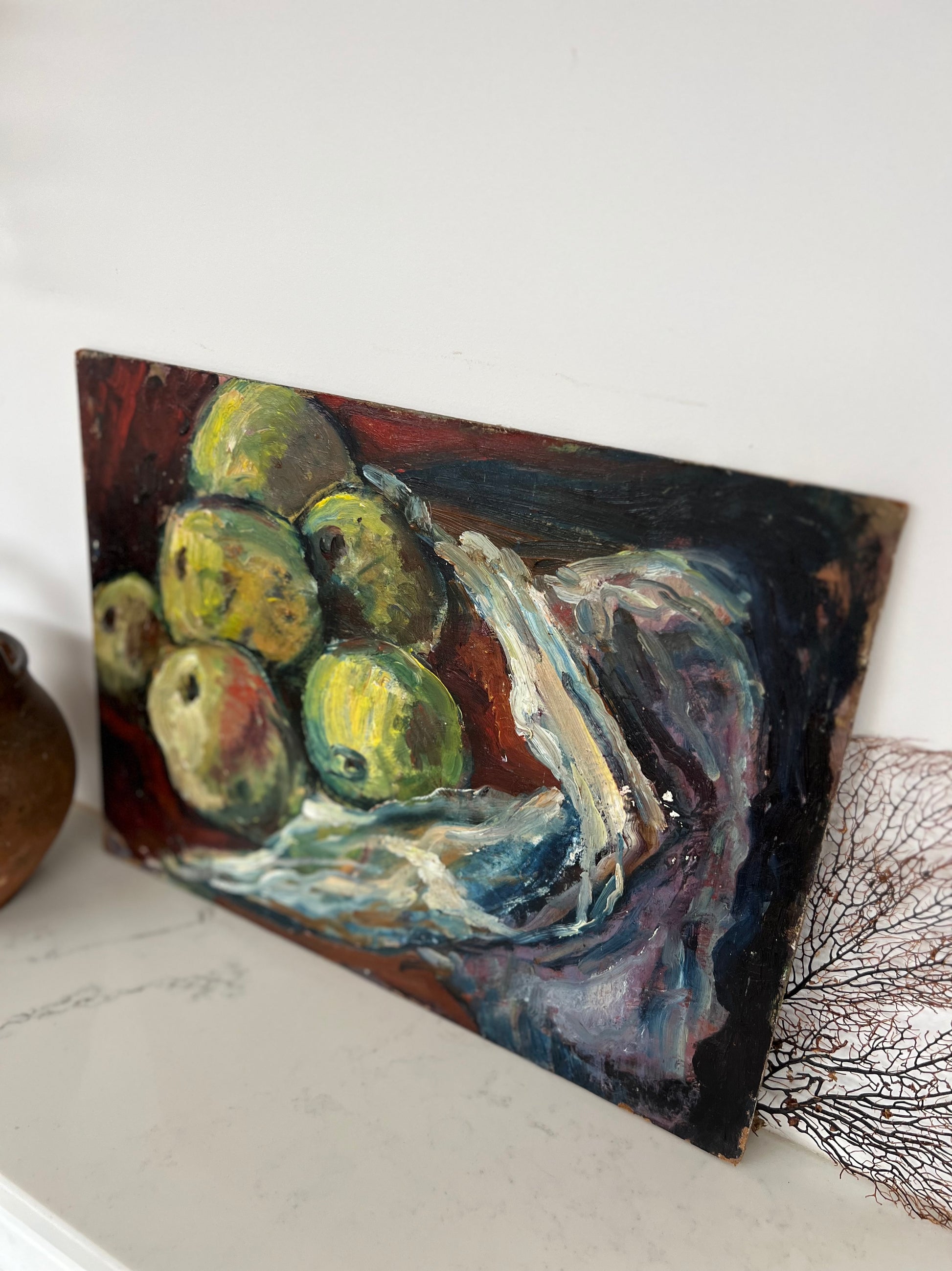 Vintage Mid Century Oil On Board Apples Still Life