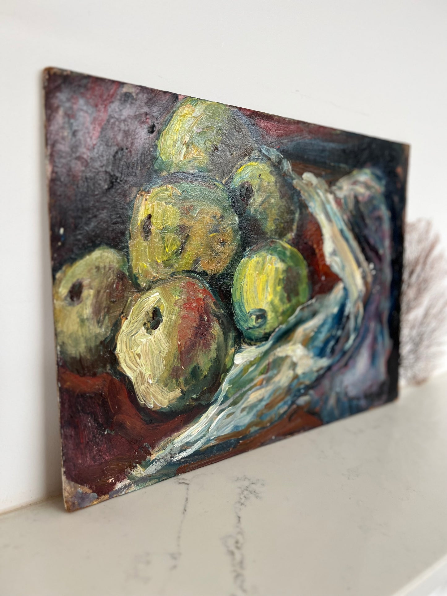 Vintage Mid Century Oil On Board Apples Still Life