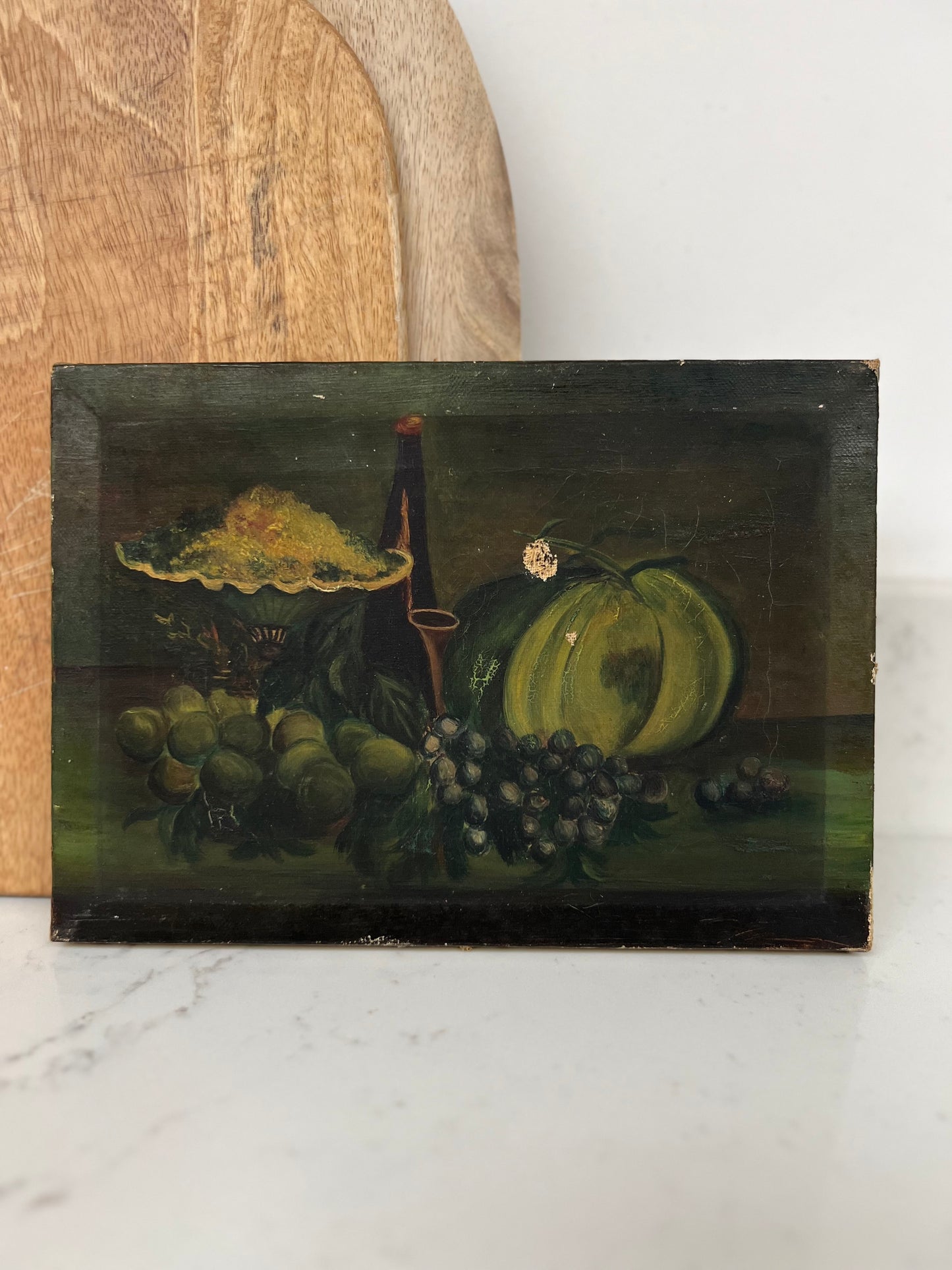 Vintage Oil On Canvas Green Still Life