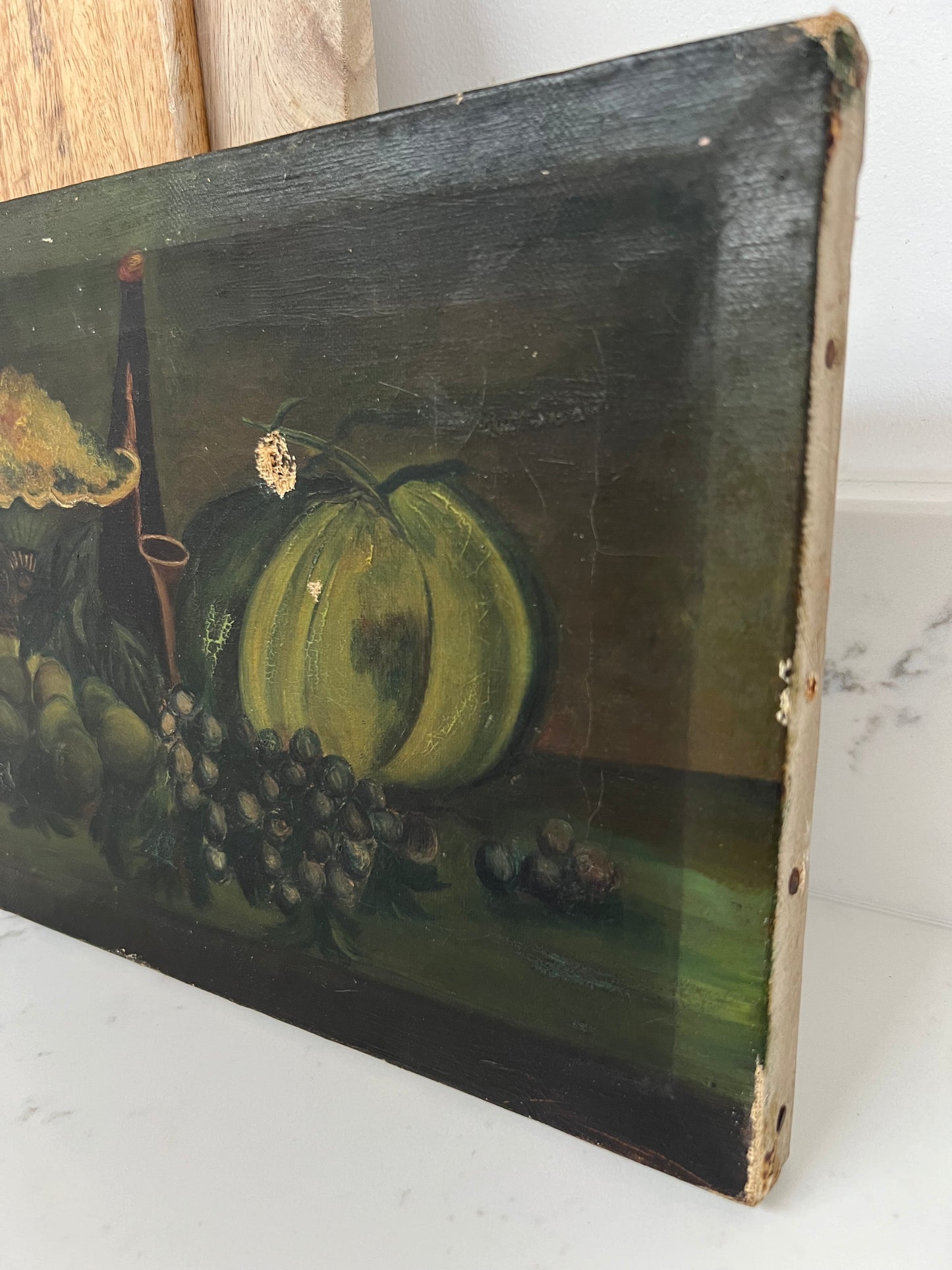 Vintage Oil On Canvas Green Still Life