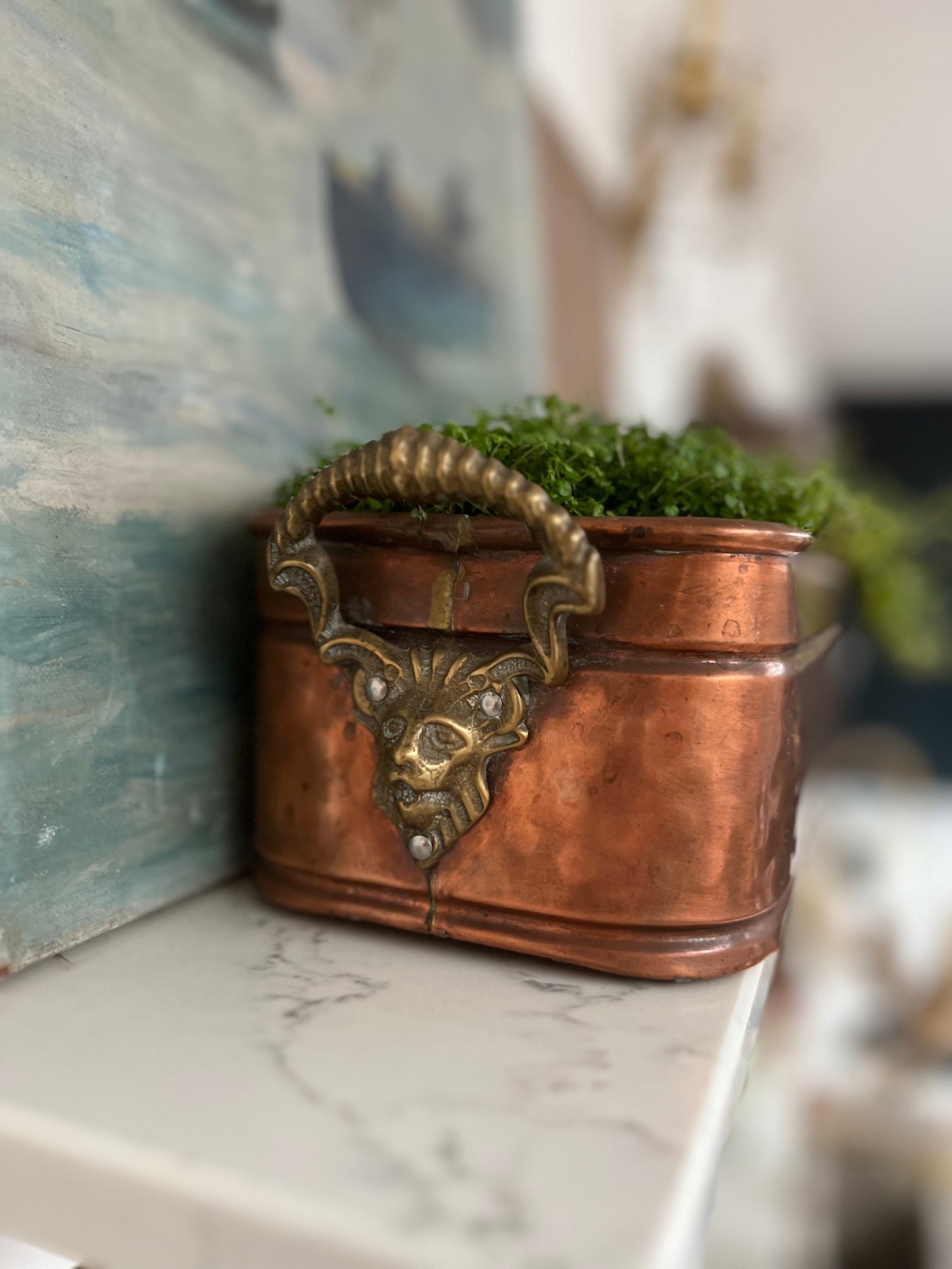 Antique Copper Planter With Brass Lion Head Handles