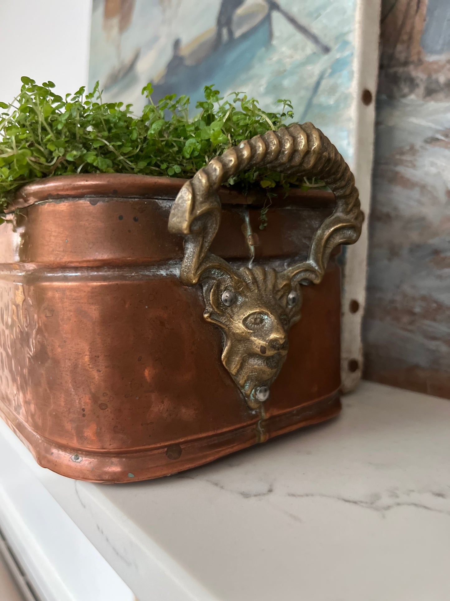 Antique Copper Planter With Brass Lion Head Handles