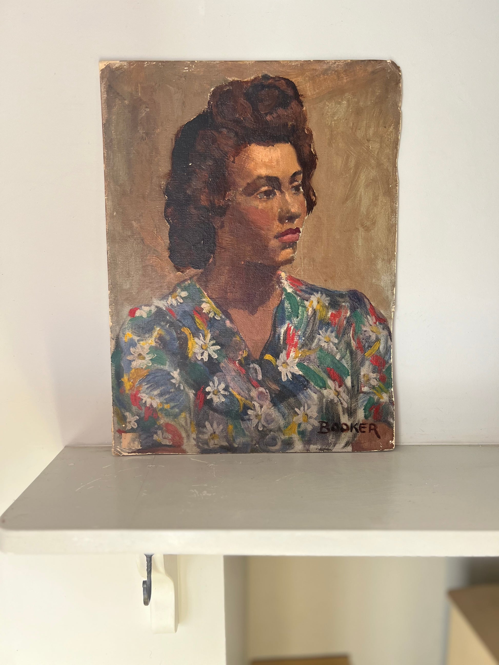 Vintage Mid Century Portrait Oil on Board Lady In Flower Dress