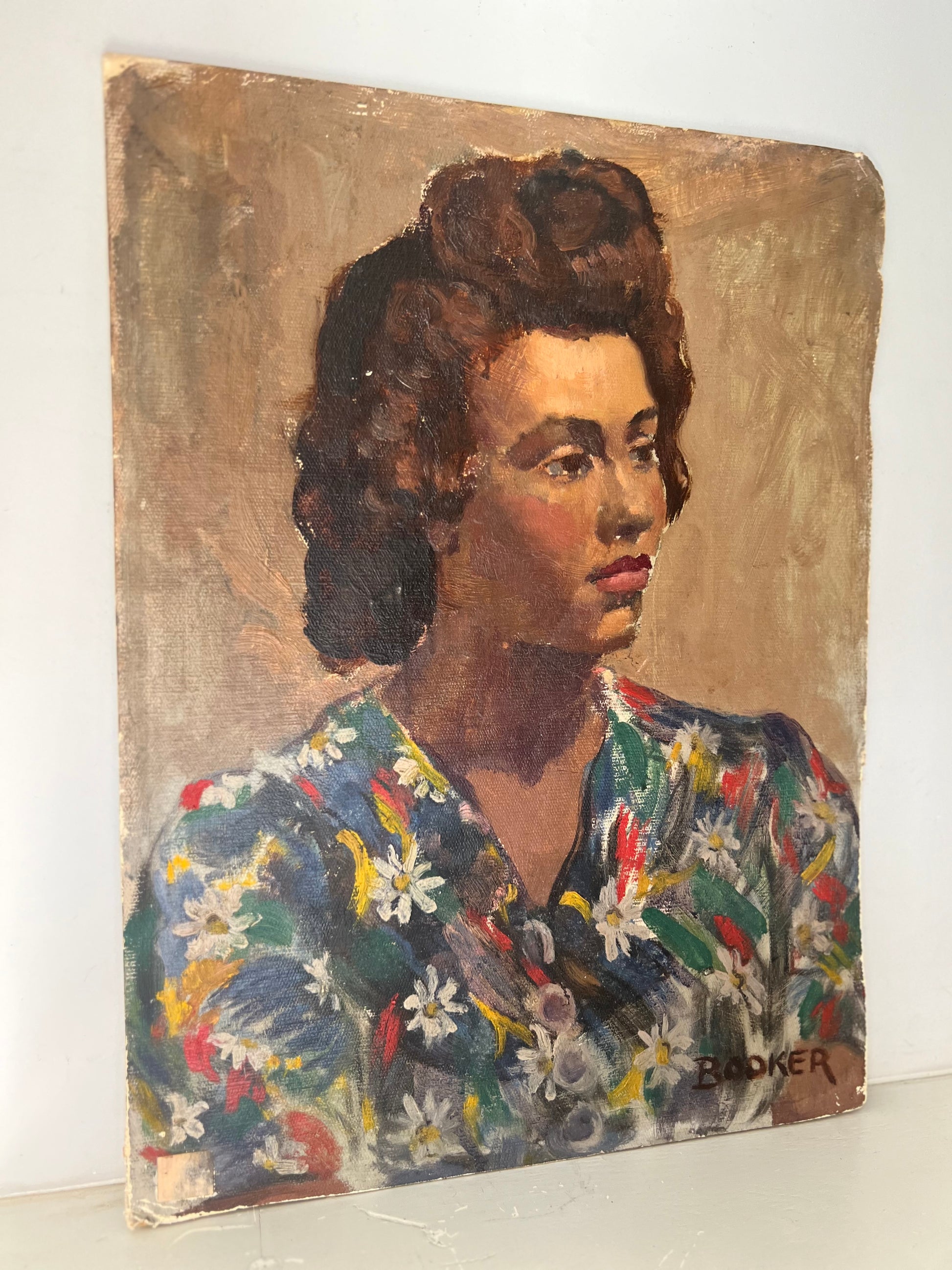 Vintage Mid Century Portrait Oil on Board Lady In Flower Dress