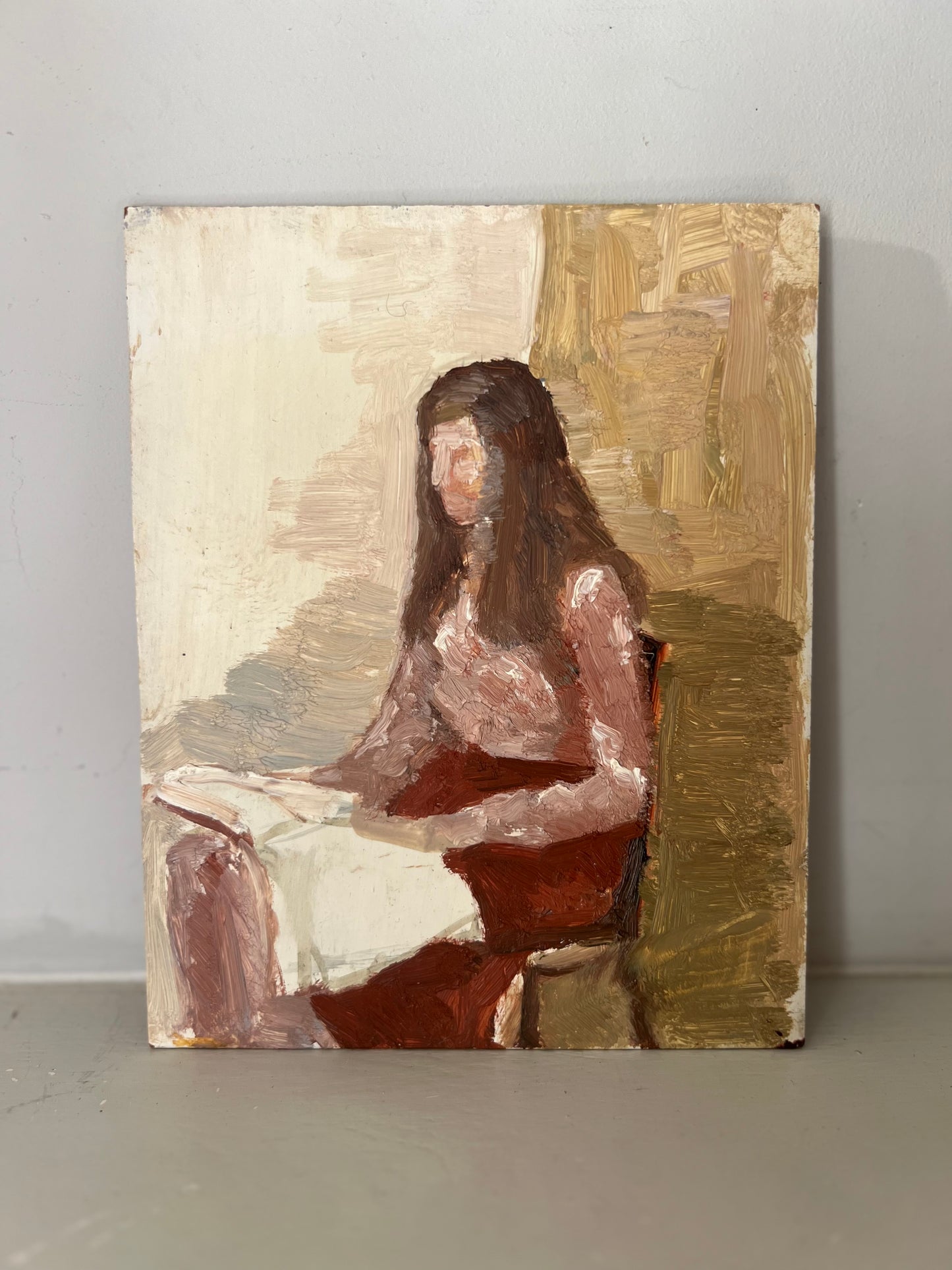 Vintage Mid Century Portrait Oil On Board Seated Lady