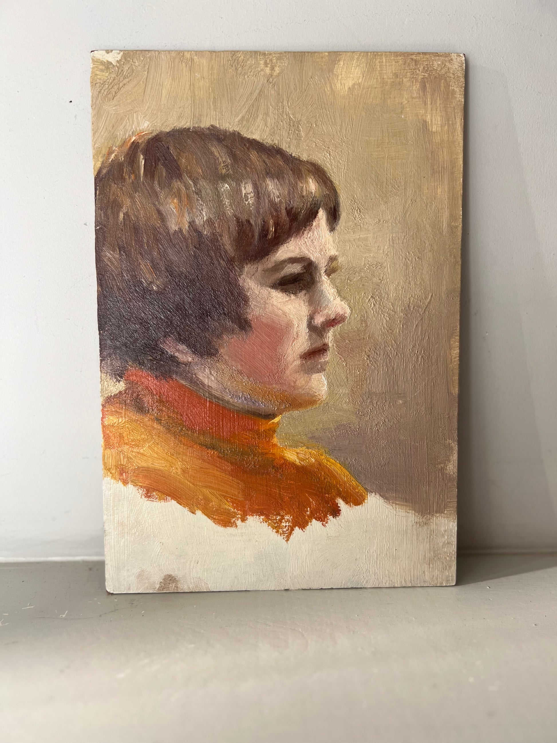 Vintage Mid Century Portrait Oil On Board Girl Orange Jumper 