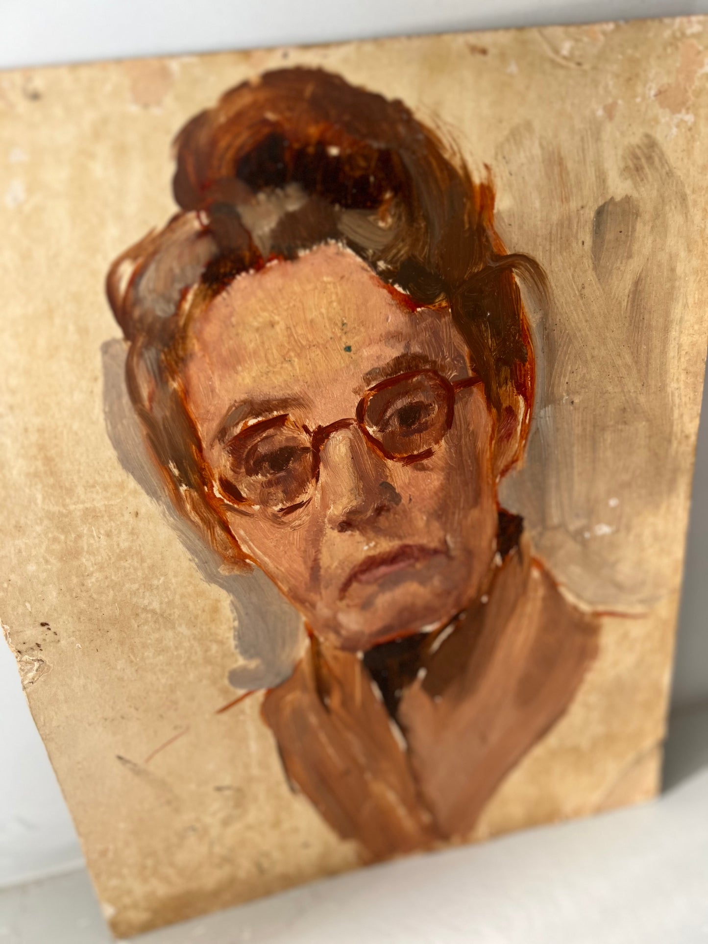 Vintage Mid Century Portrait Oil On Card