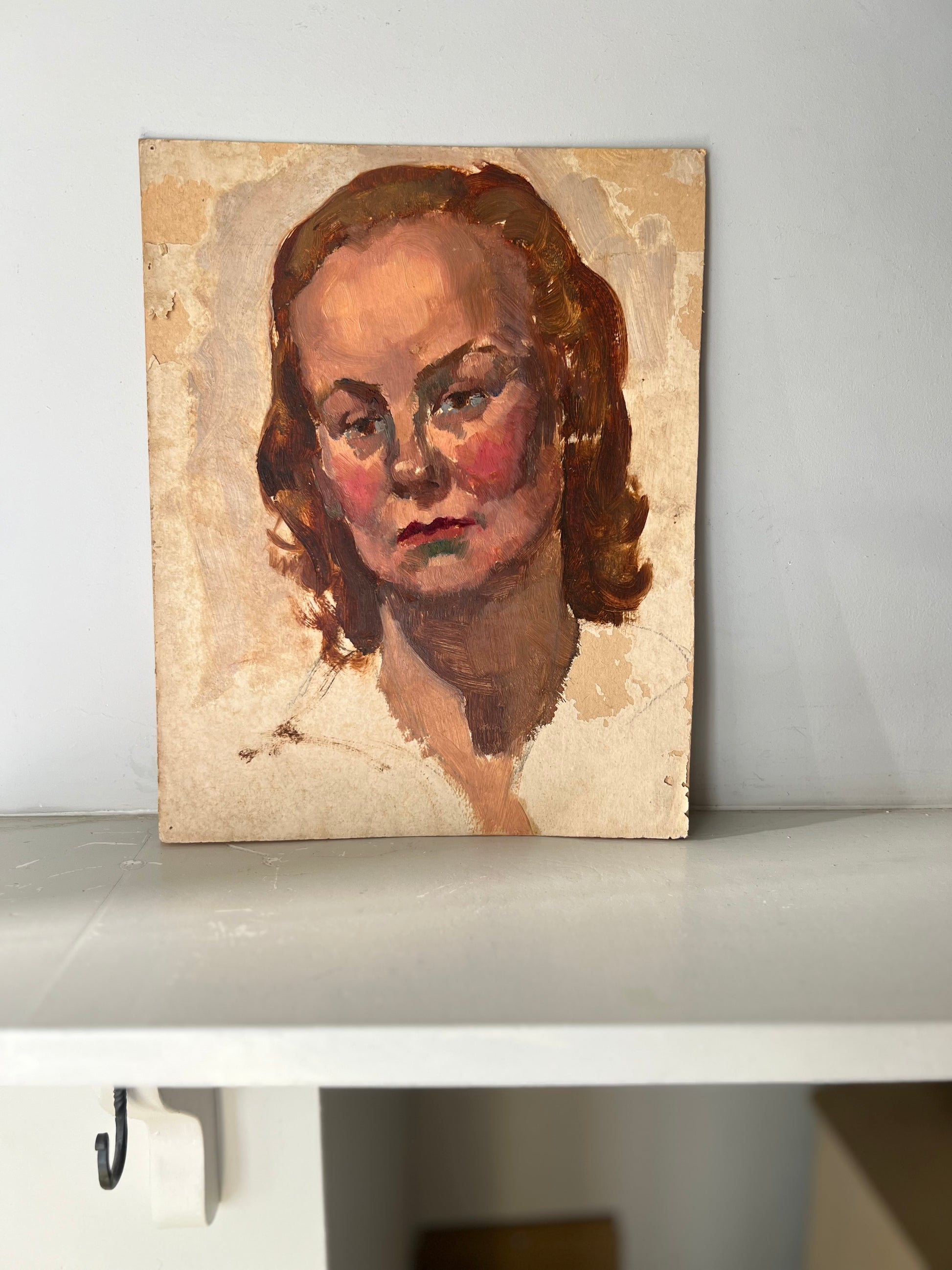 Vintage Mid Century Portrait Oil On Card