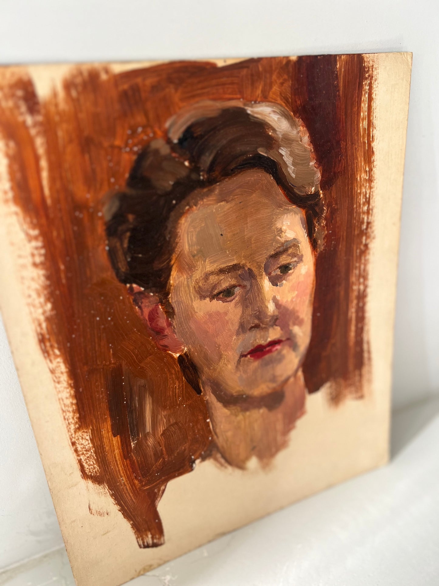 Vintage Mid Century Portrait Oil On Card