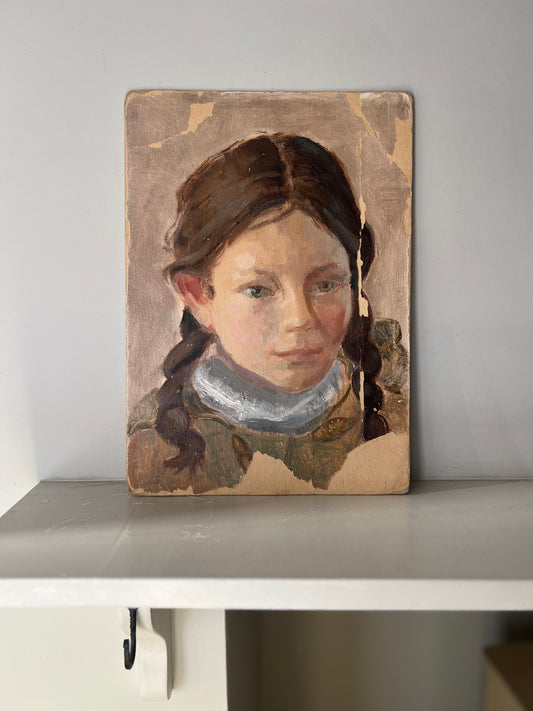 Vintage Mid Century Portrait Oil On Board Girl With Plaits