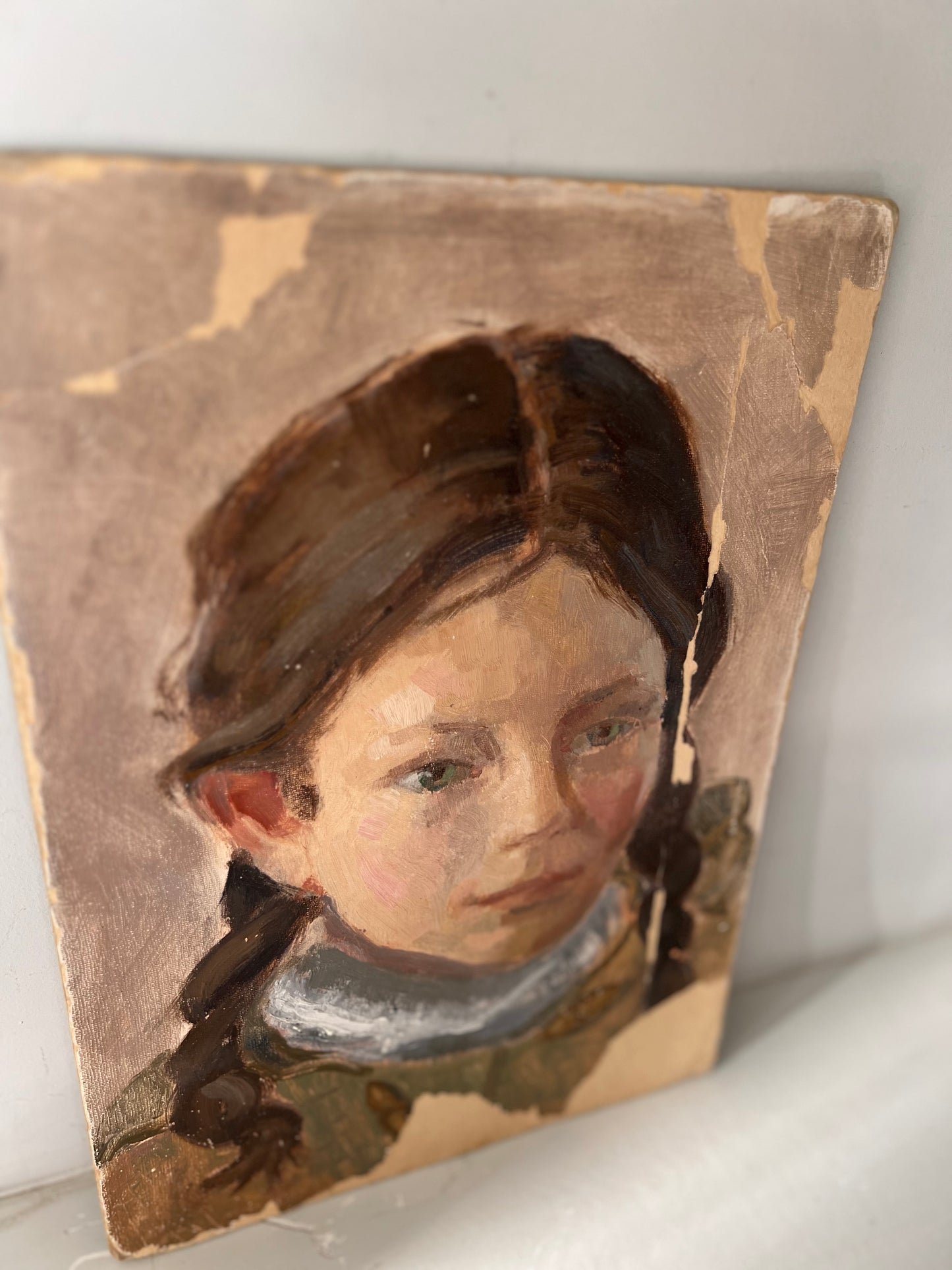 Vintage Mid Century Portrait Oil On Board Girl With Plaits