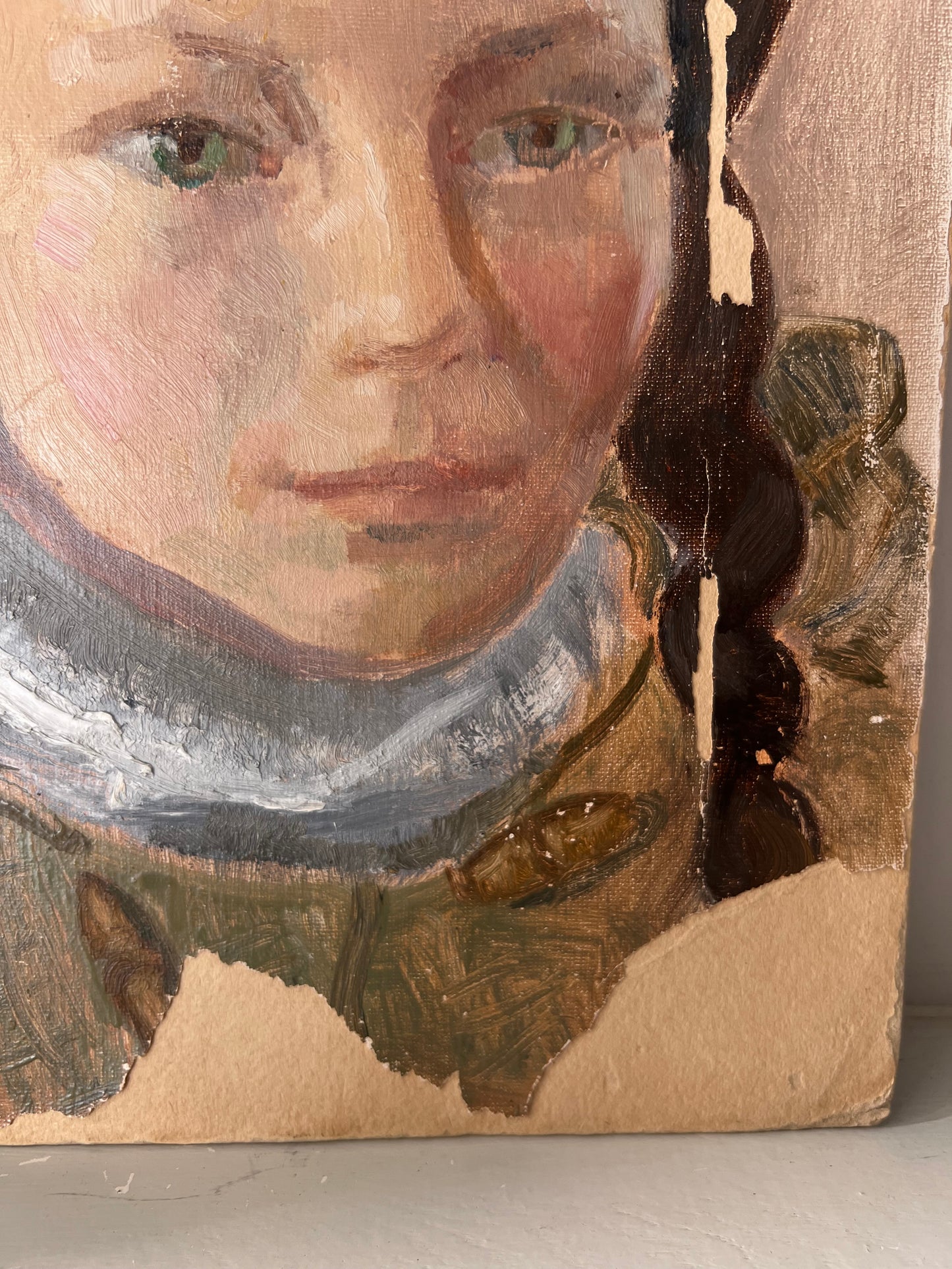 Vintage Mid Century Portrait Oil On Board Girl With Plaits