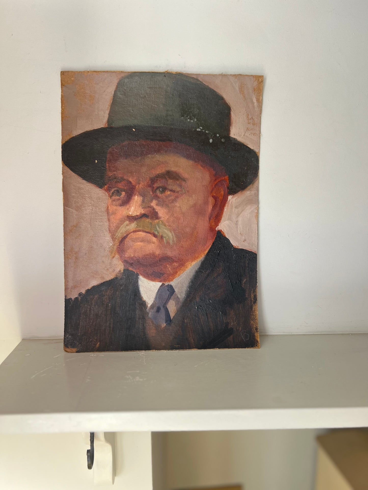 Vintage Mid Century Portrait Oil On Card Gentleman In Bowler