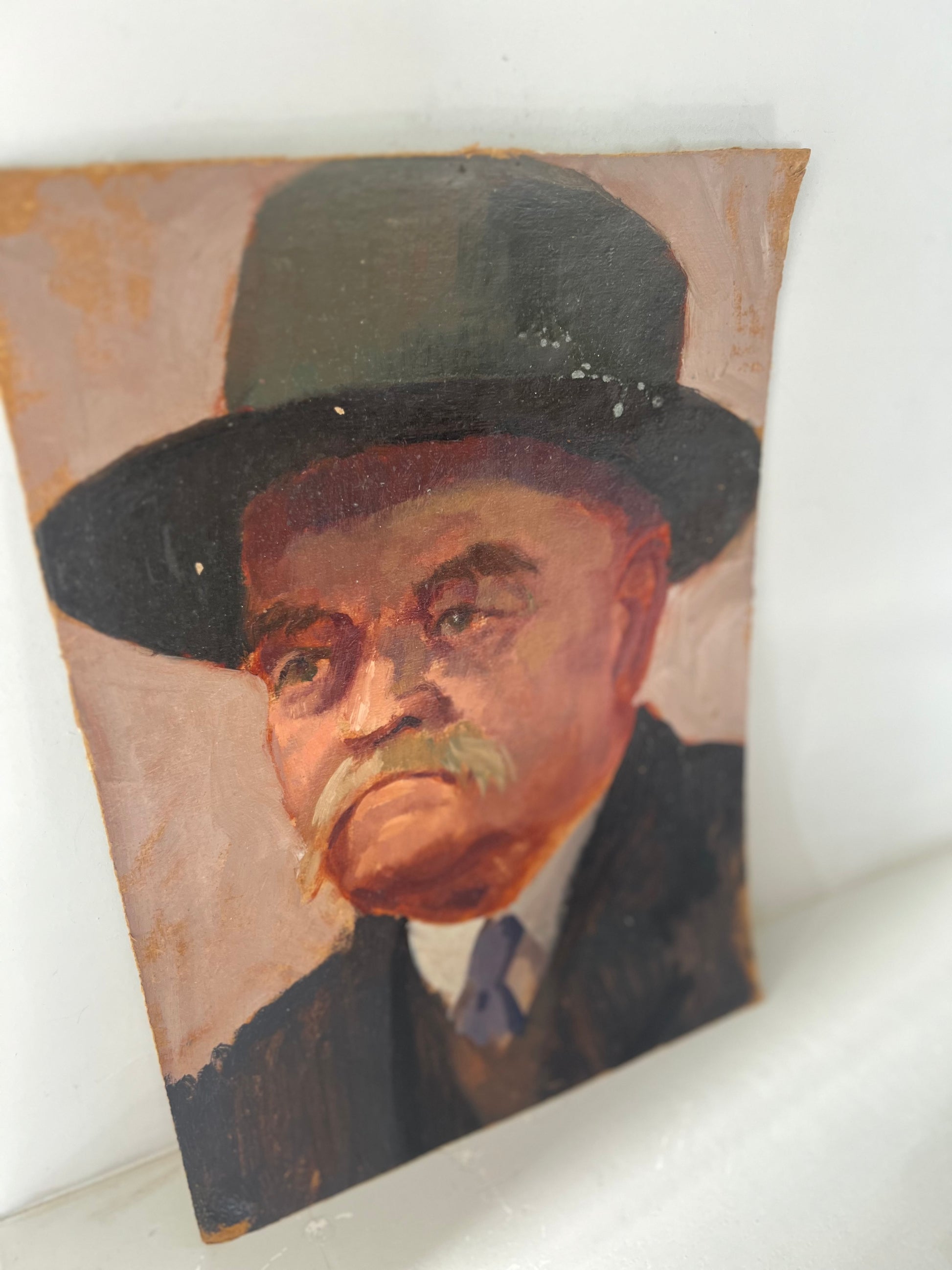 Vintage Mid Century Portrait Oil On Card Gentleman In Bowler