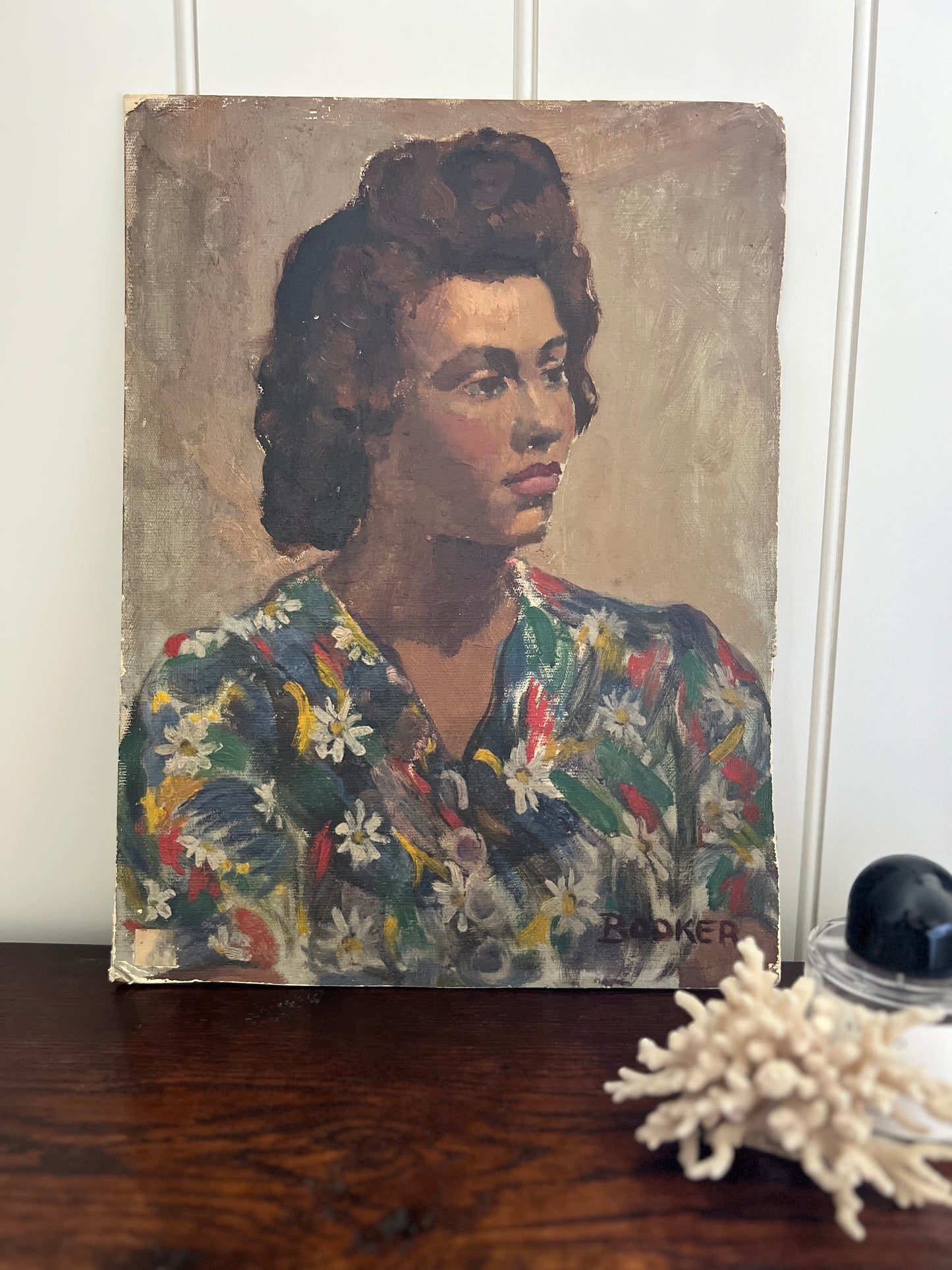 Vintage Mid Century Portrait Oil on Board Lady In Flower Dress