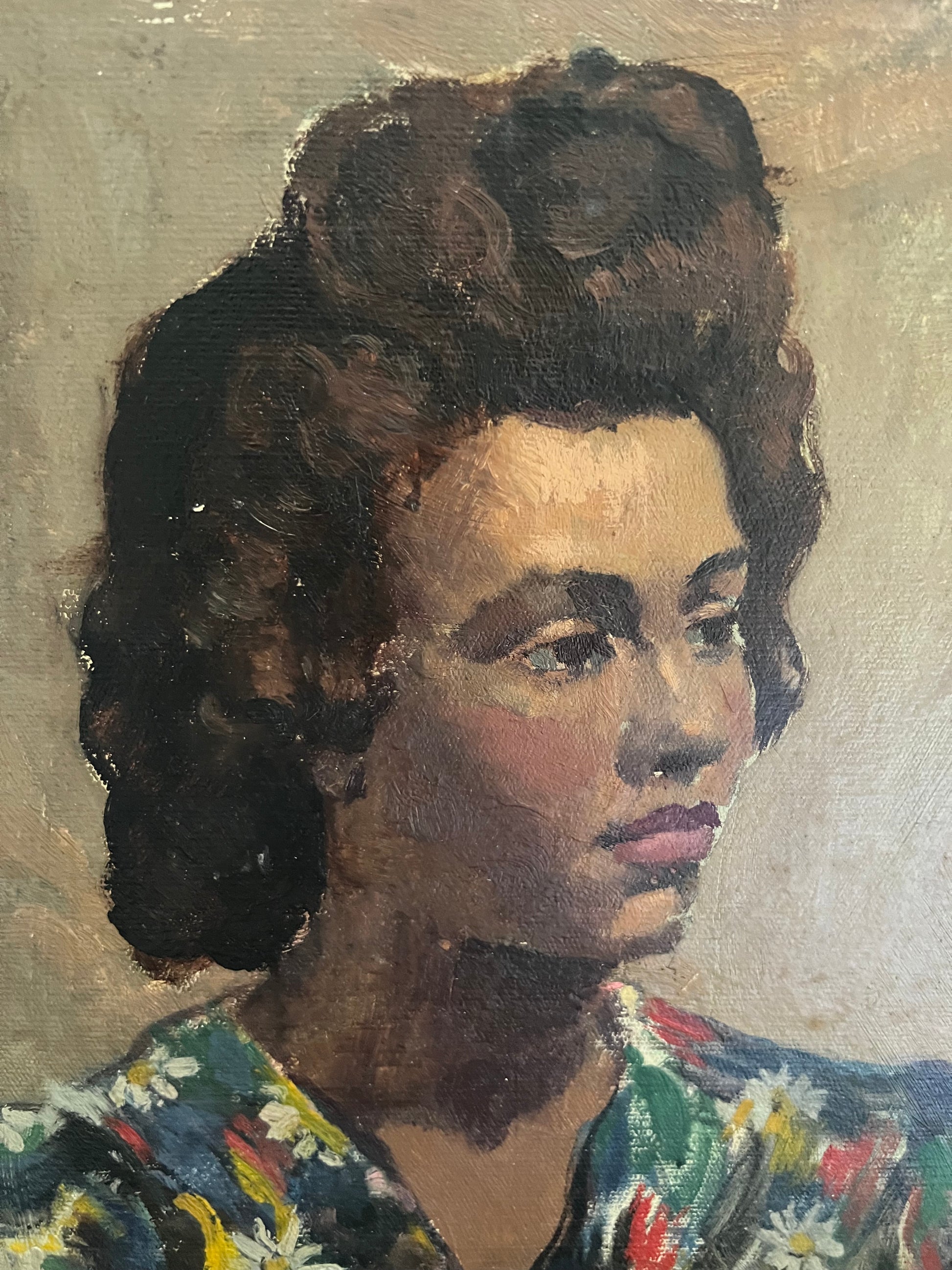 Vintage Mid Century Portrait Oil on Board Lady In Flower Dress