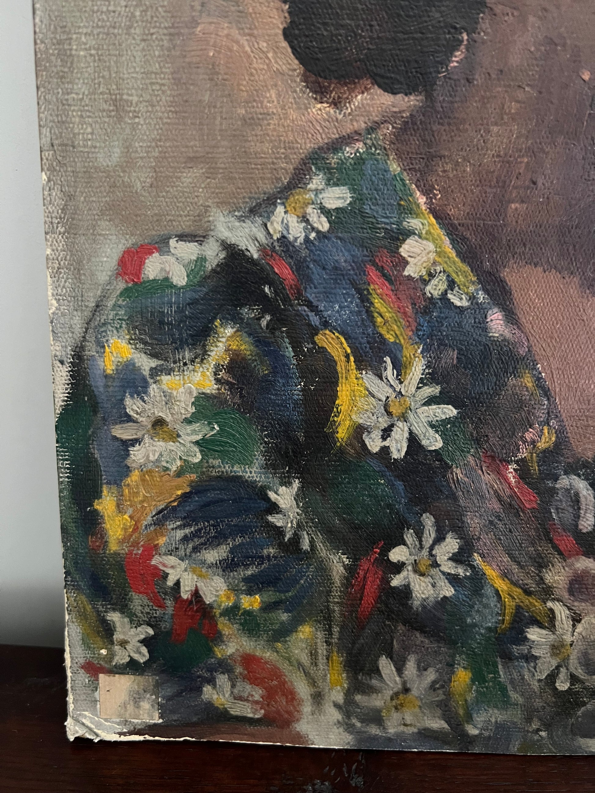 Vintage Mid Century Portrait Oil on Board Lady In Flower Dress