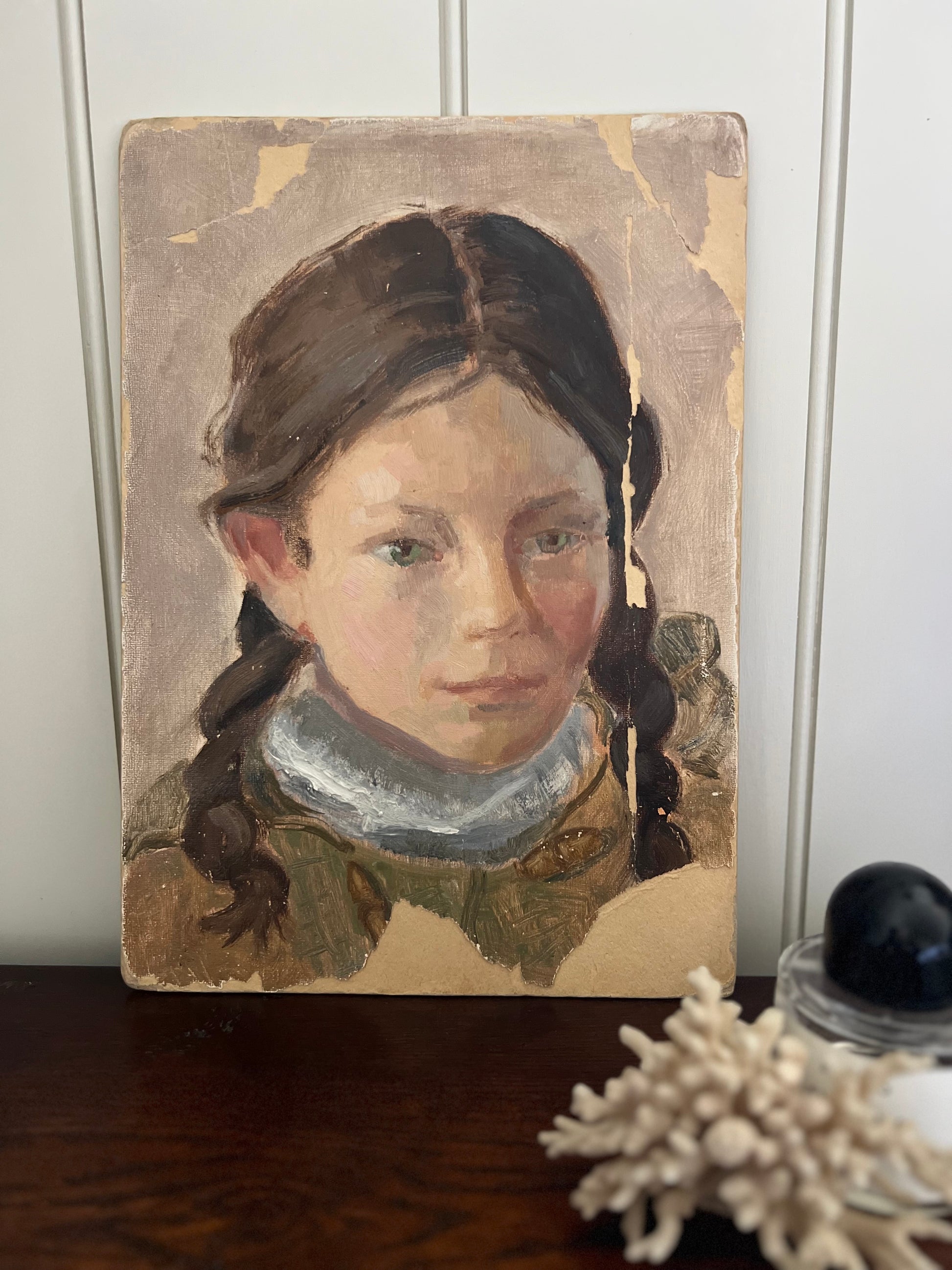 Vintage Mid Century Portrait Oil On Board Girl With Plaits