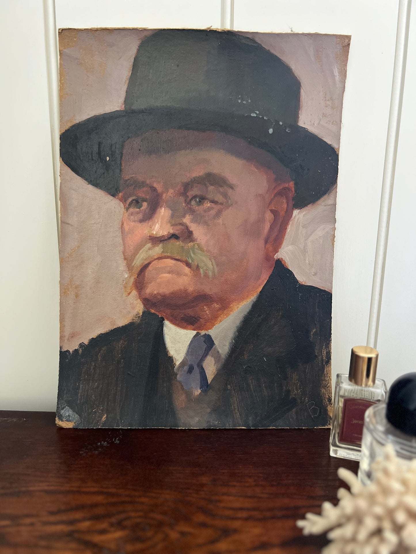 Vintage Mid Century Portrait Oil On Card Gentleman In Bowler