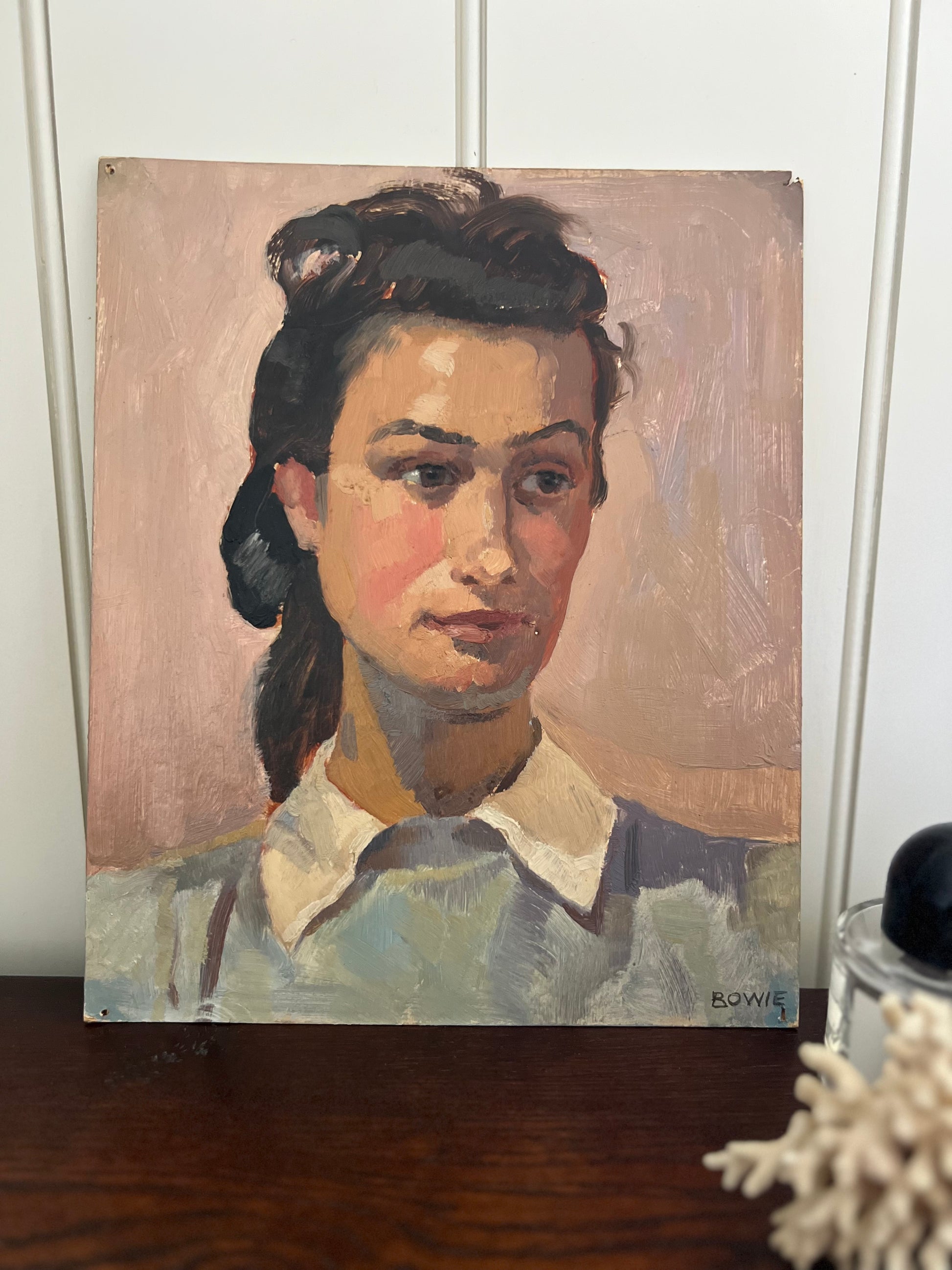 Vintage Mid Century Portrait Oil on Card Lady In Blue Jumper