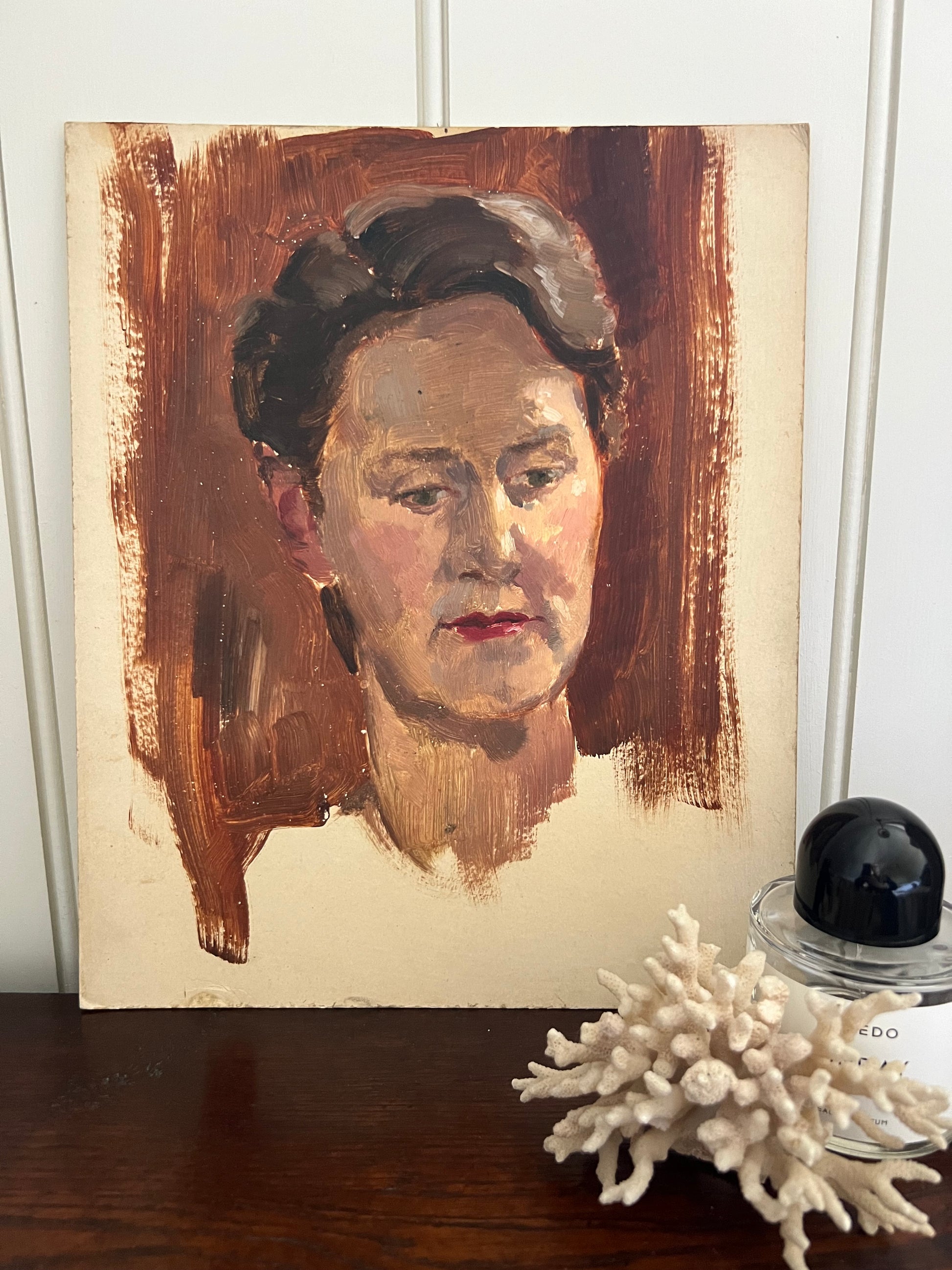 Vintage Mid Century Portrait Oil On Card