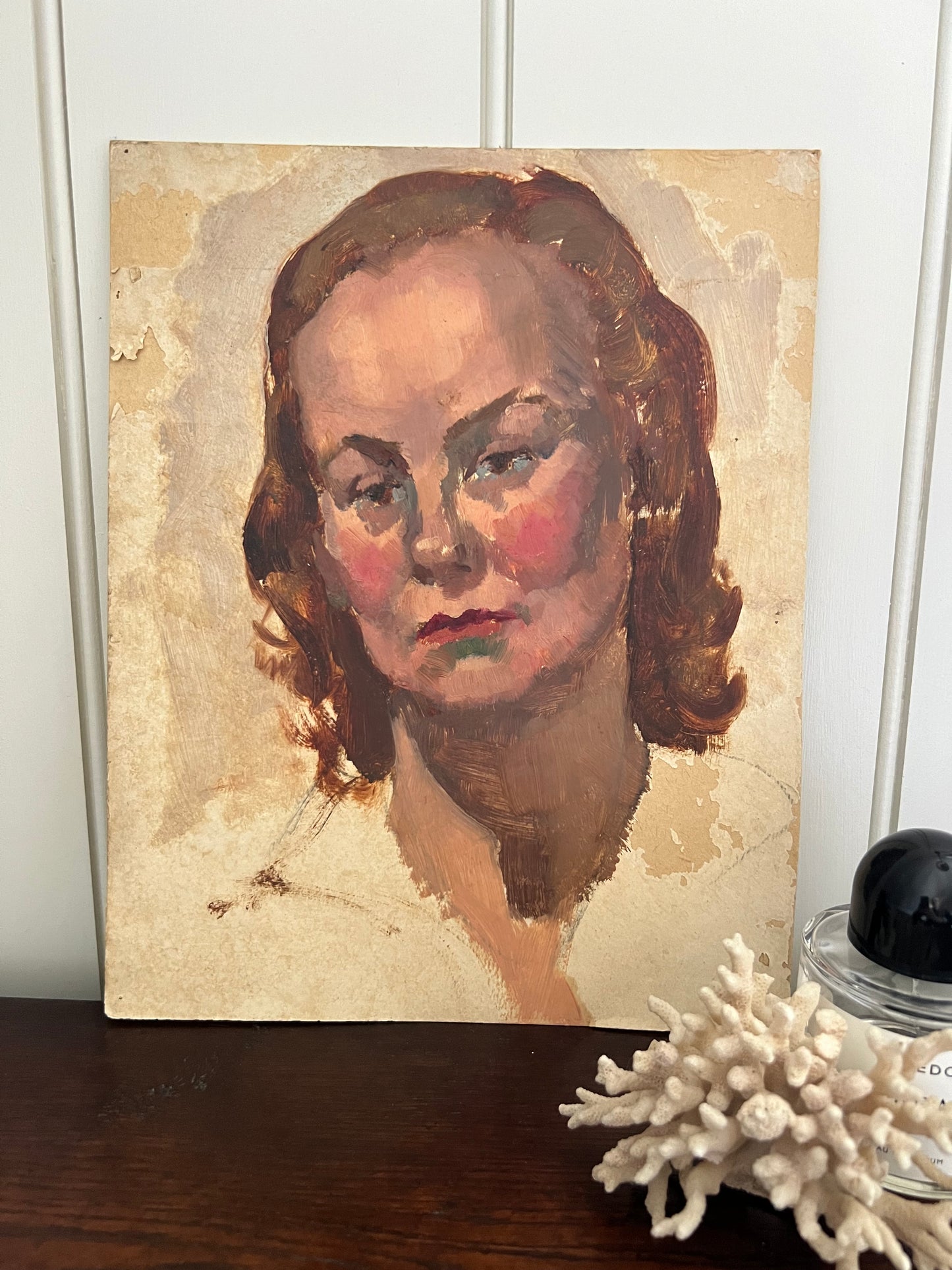 Vintage Mid Century Portrait Oil On Card