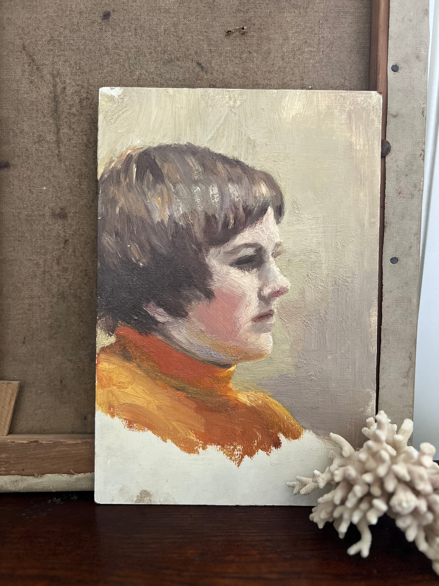 Vintage Mid Century Portrait Oil On Board Girl Orange Jumper 