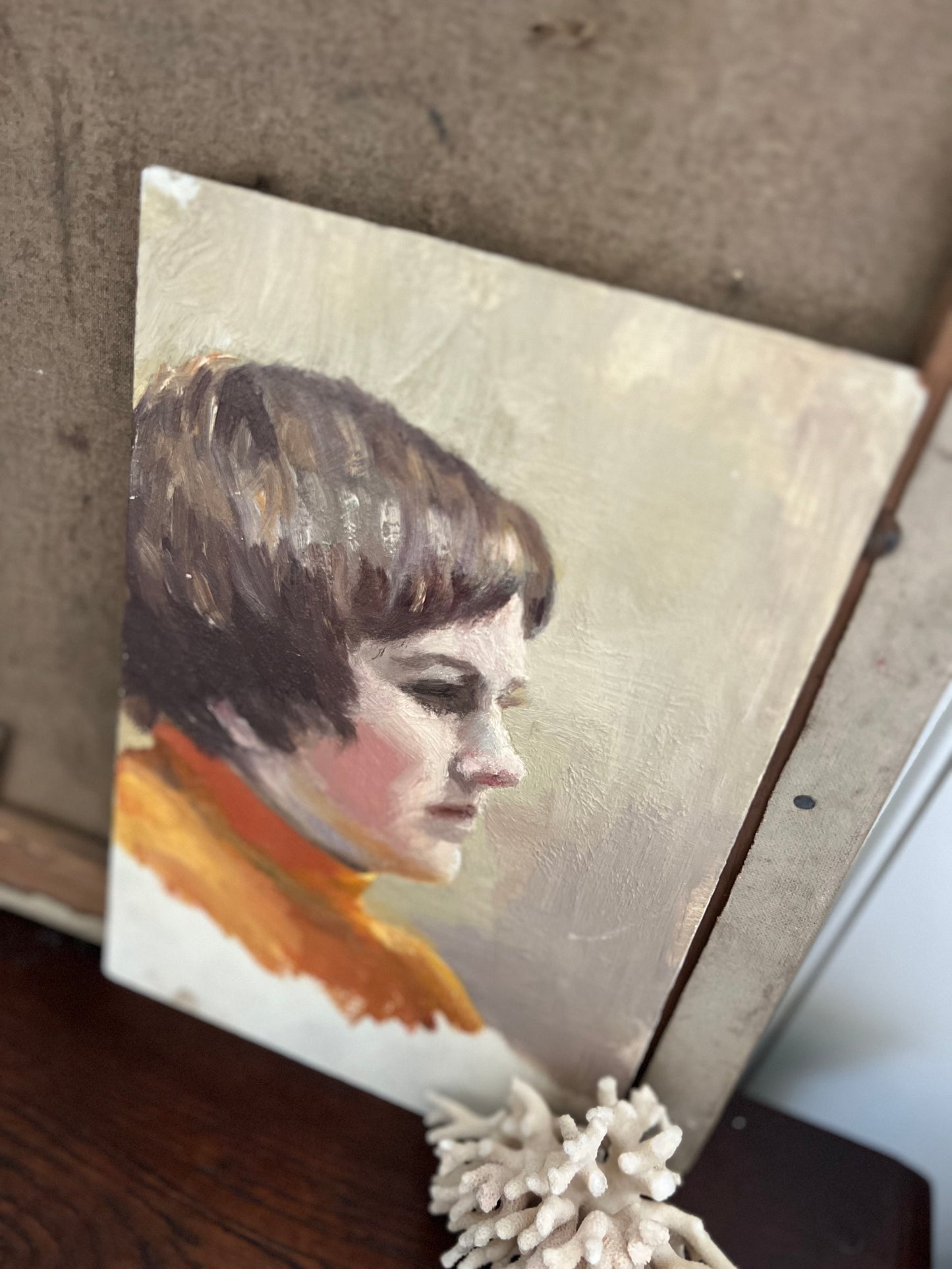 Vintage Mid Century Portrait Oil On Board Girl Orange Jumper 