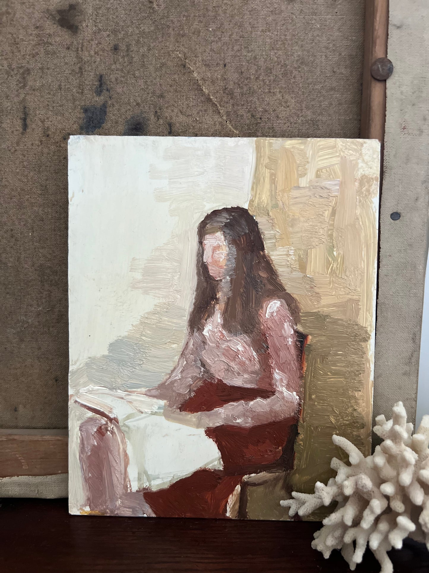 Vintage Mid Century Portrait Oil On Board Seated Lady