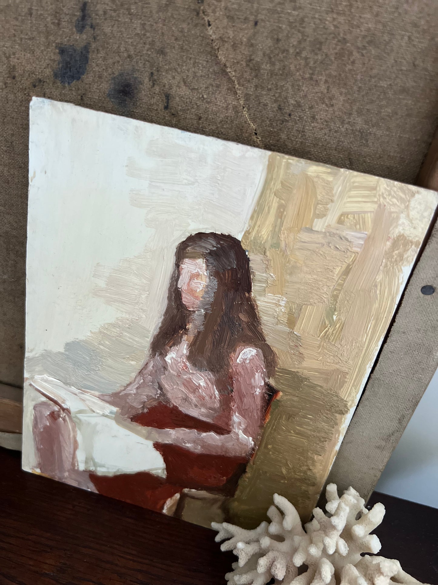 Vintage Mid Century Portrait Oil On Board Seated Lady