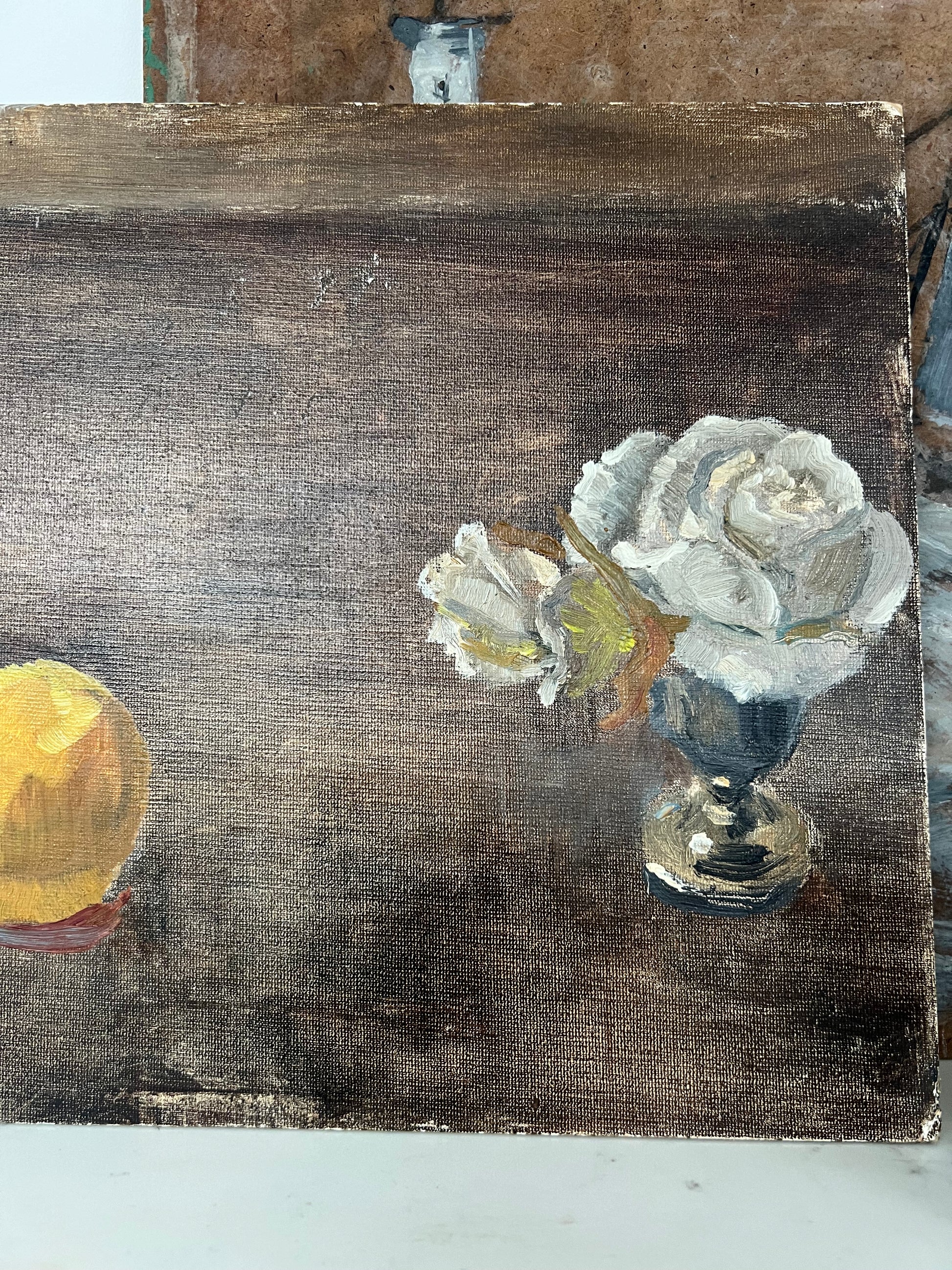 Vintage Mid Century Still Life Oil On Board White Rose