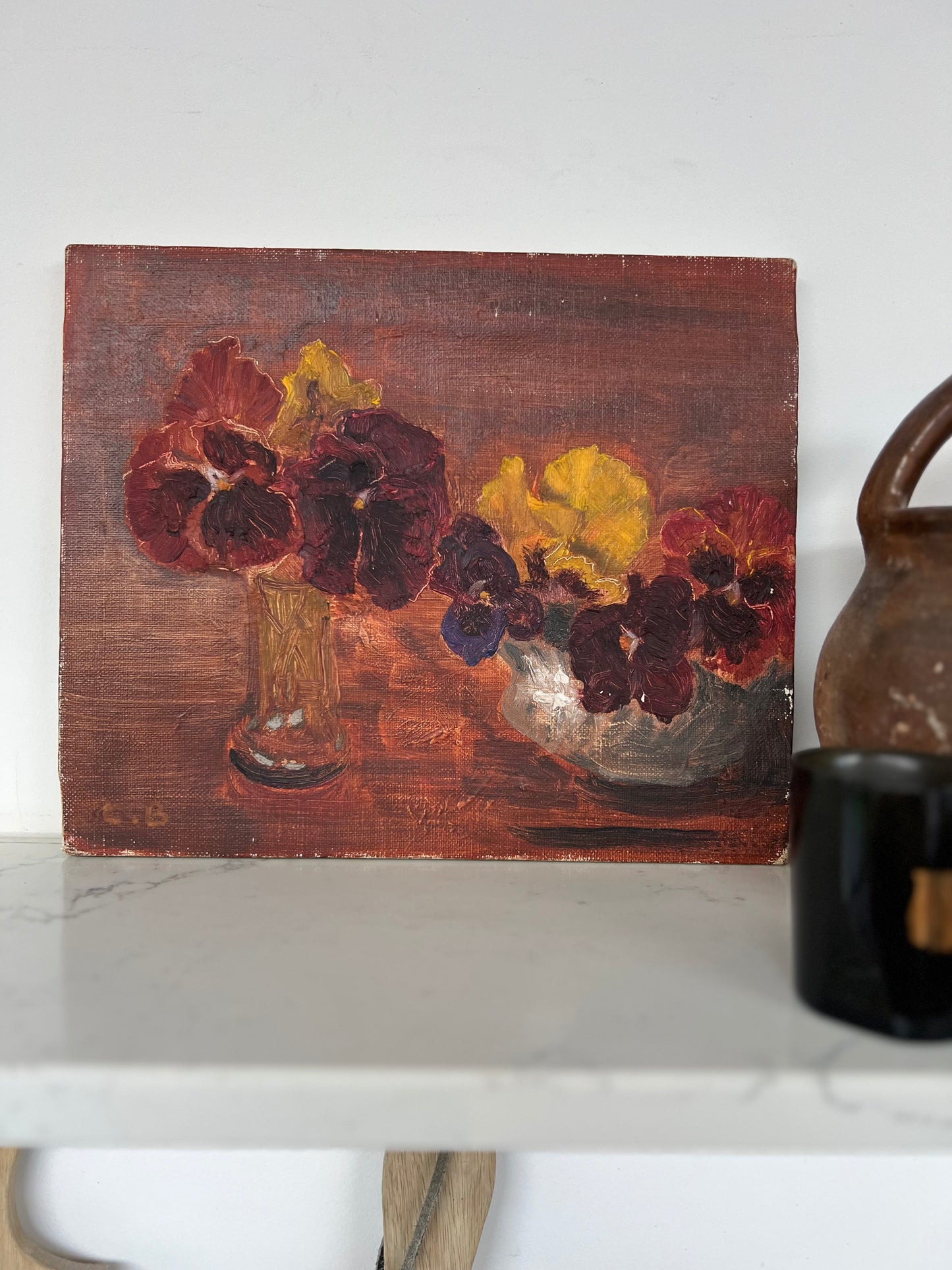 Vintage Mid Century Still Life Oil On Canvas Pansies