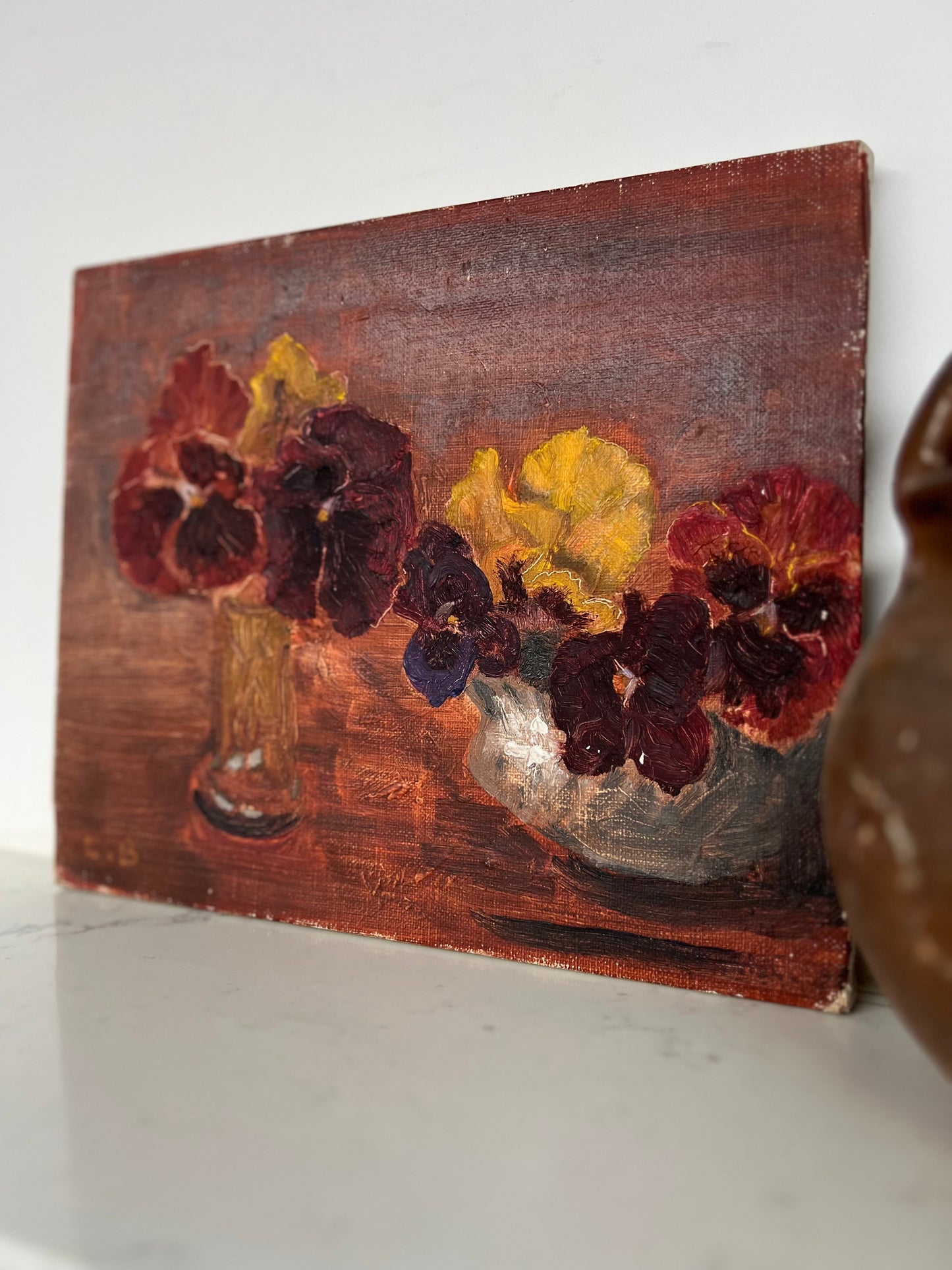 Vintage Mid Century Still Life Oil On Canvas Pansies