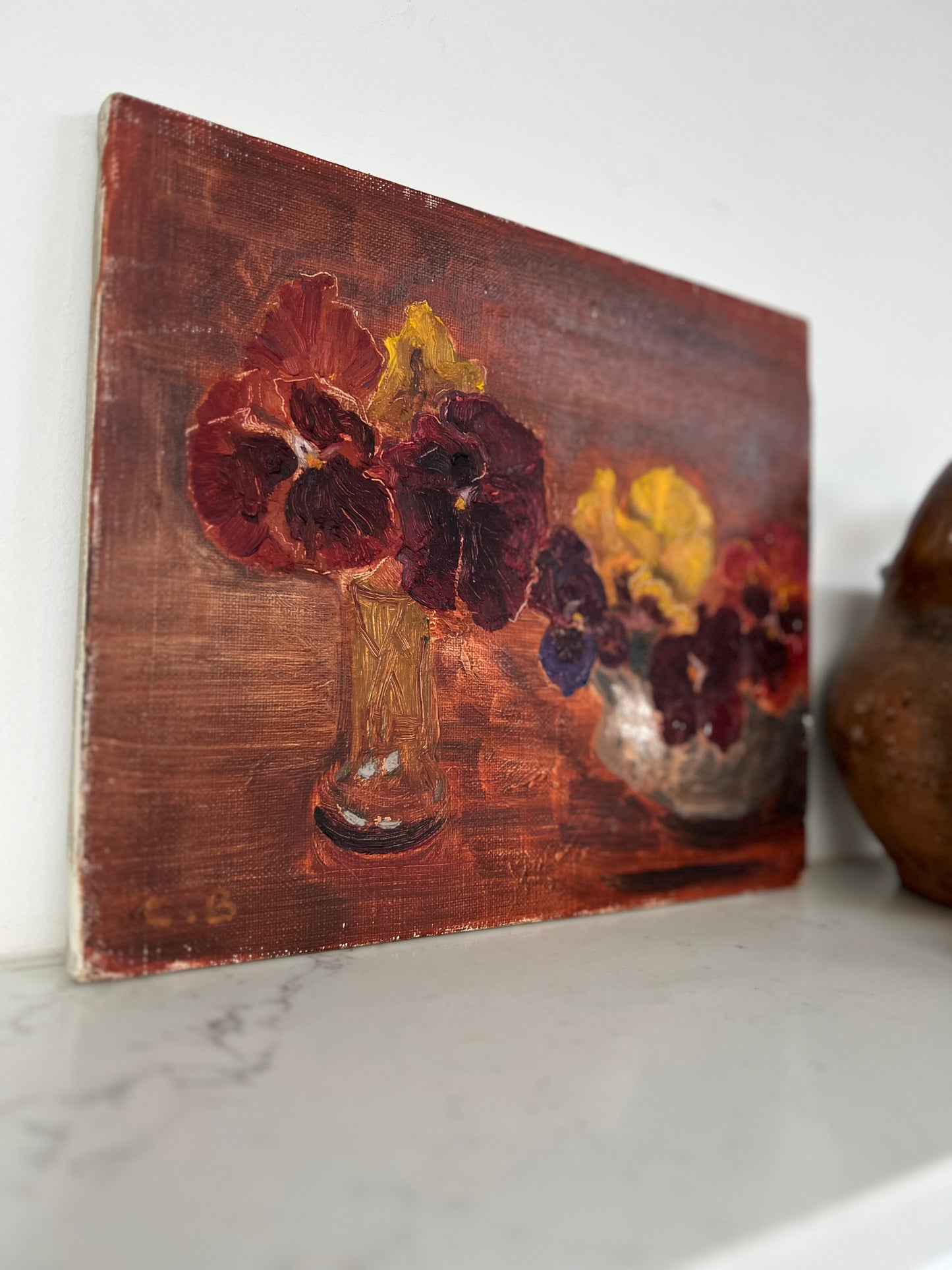 Vintage Mid Century Still Life Oil On Canvas Pansies