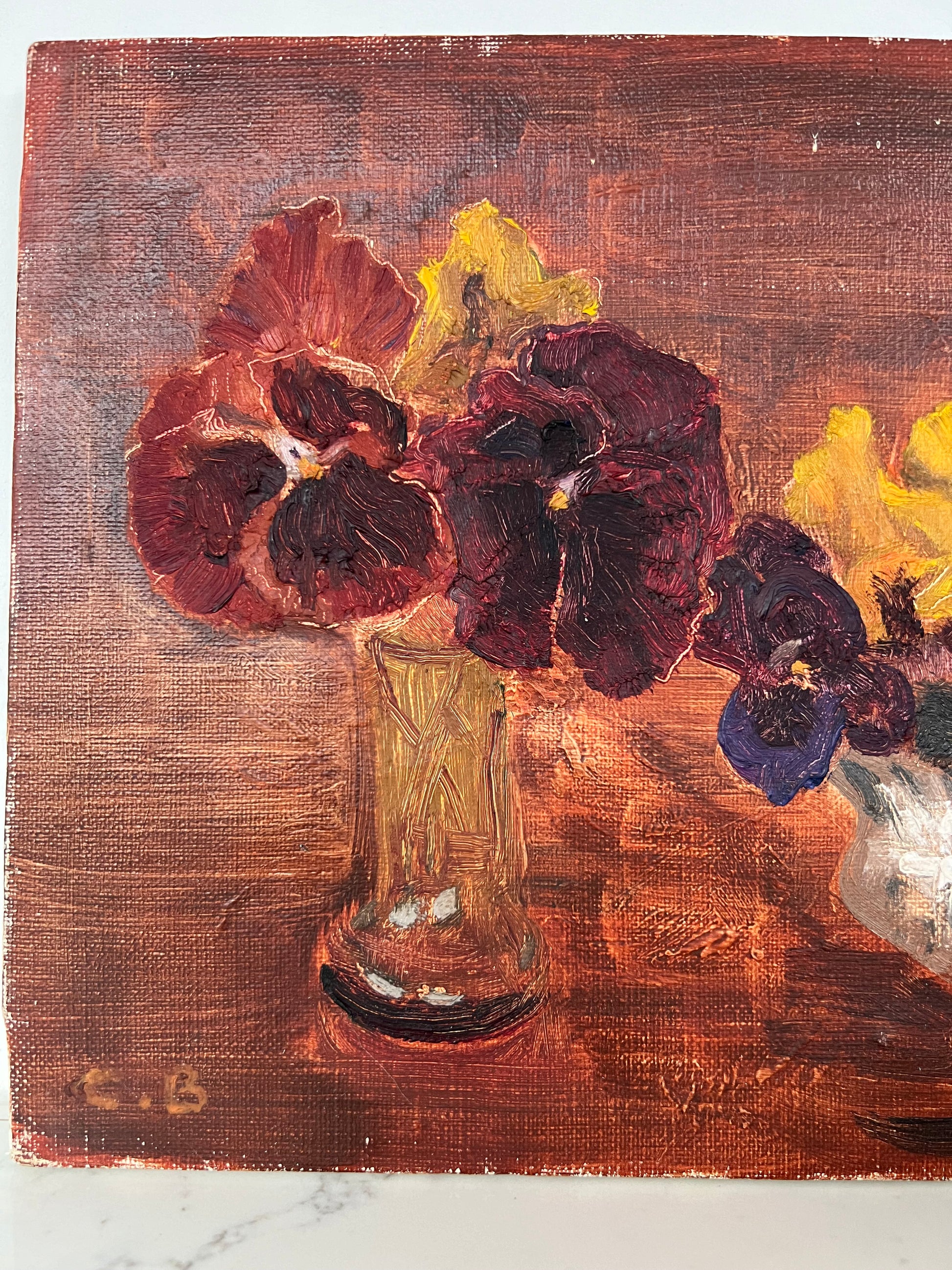 Vintage Mid Century Still Life Oil On Canvas Pansies