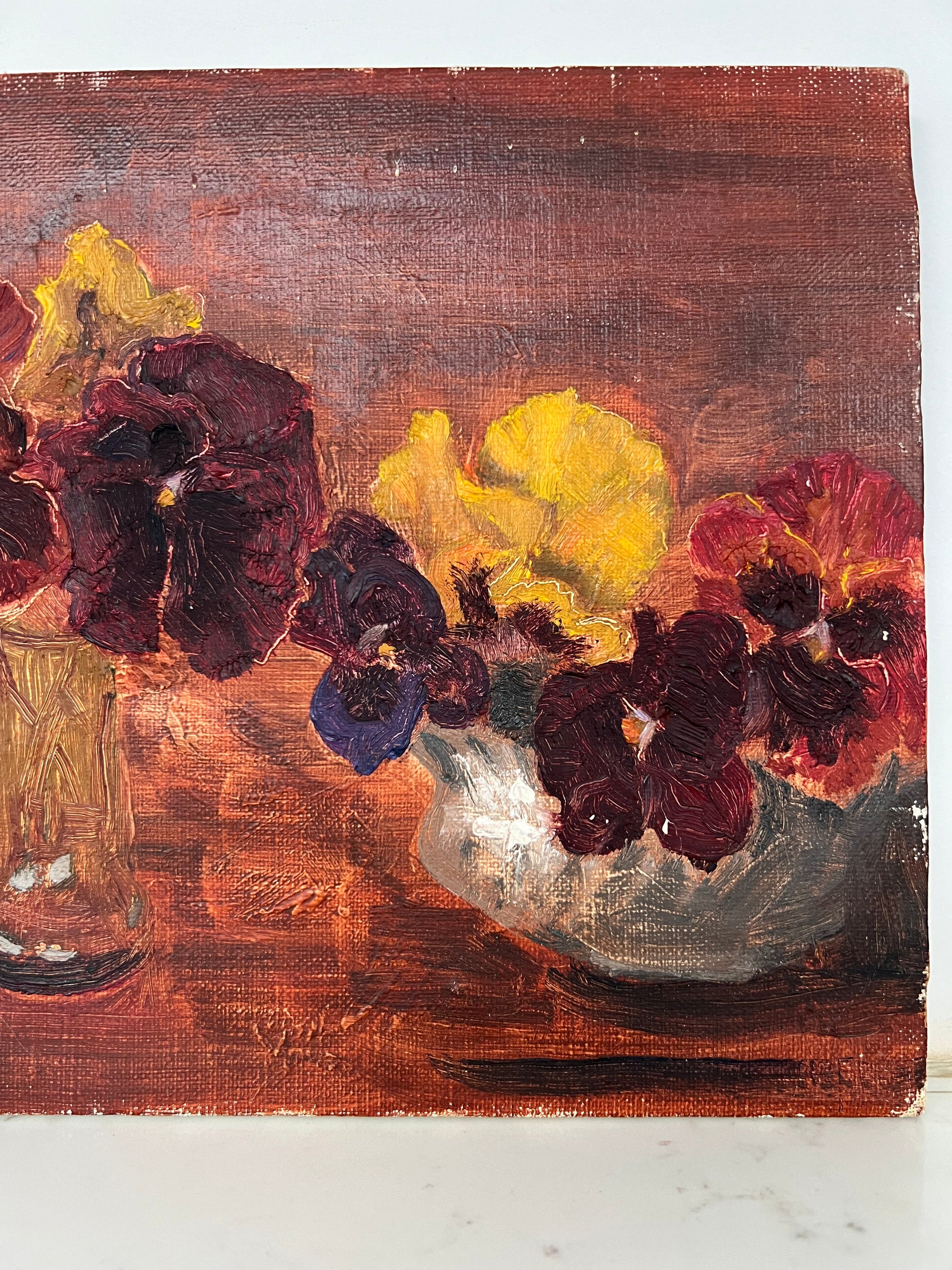 Vintage Mid Century Still Life Oil On Canvas Pansies