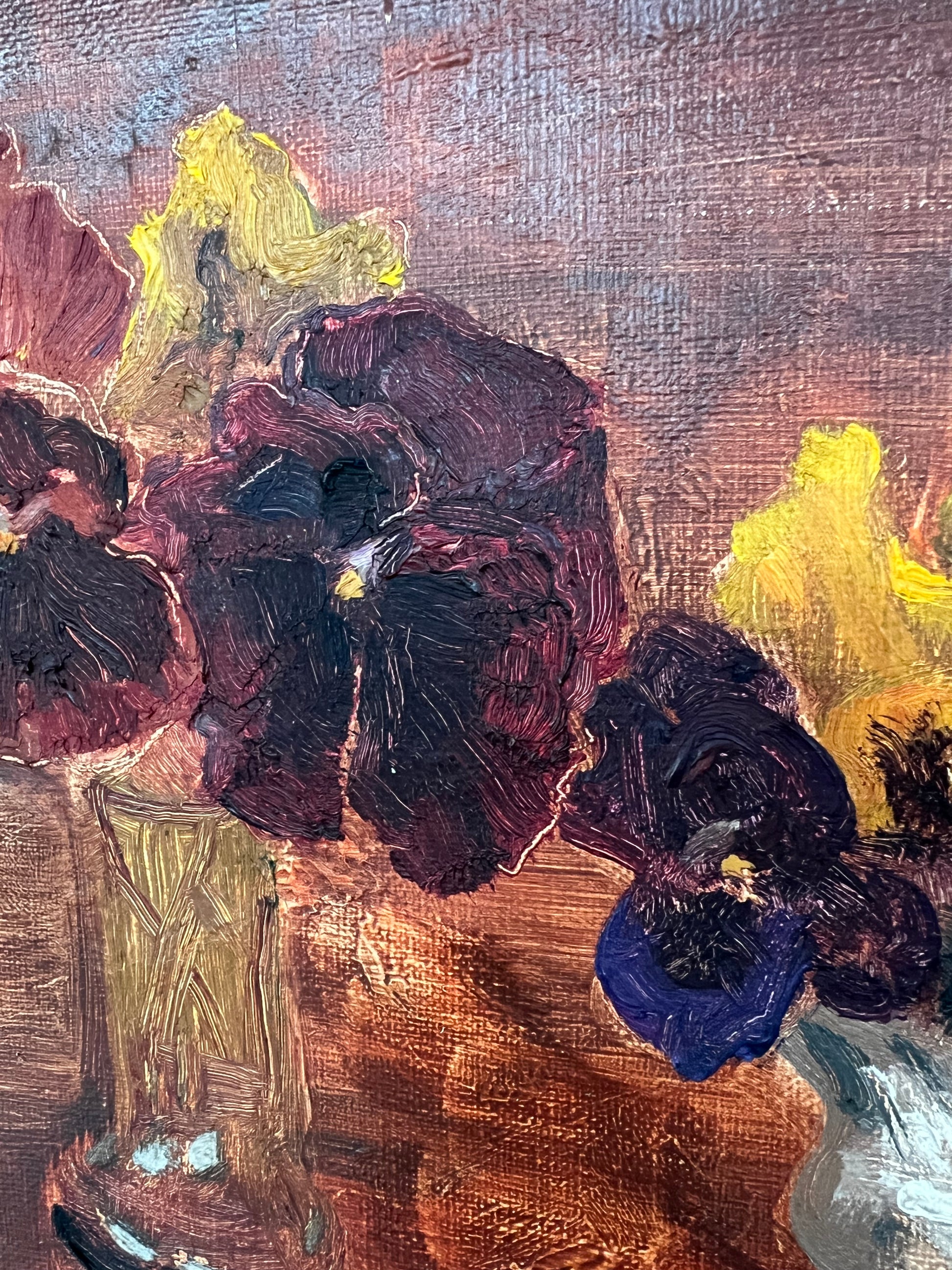 Vintage Mid Century Still Life Oil On Canvas Pansies