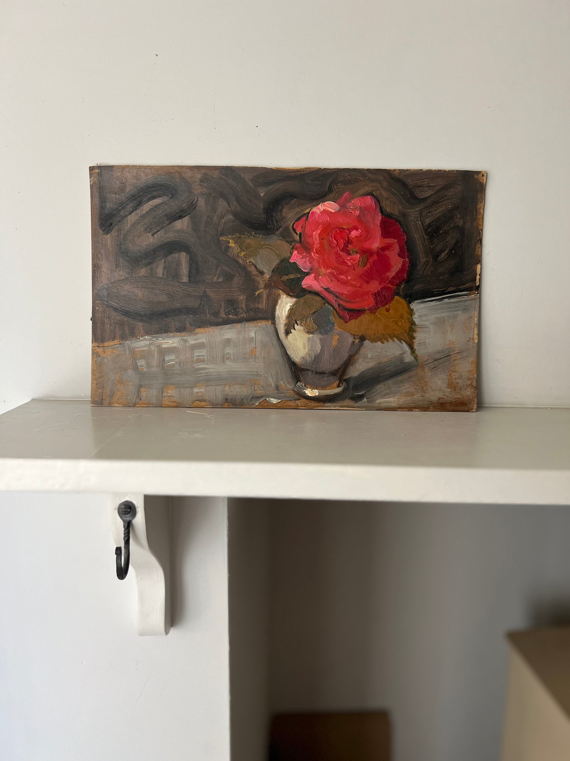 Vintage Mid Century Still Life Oil On Card Red Rose