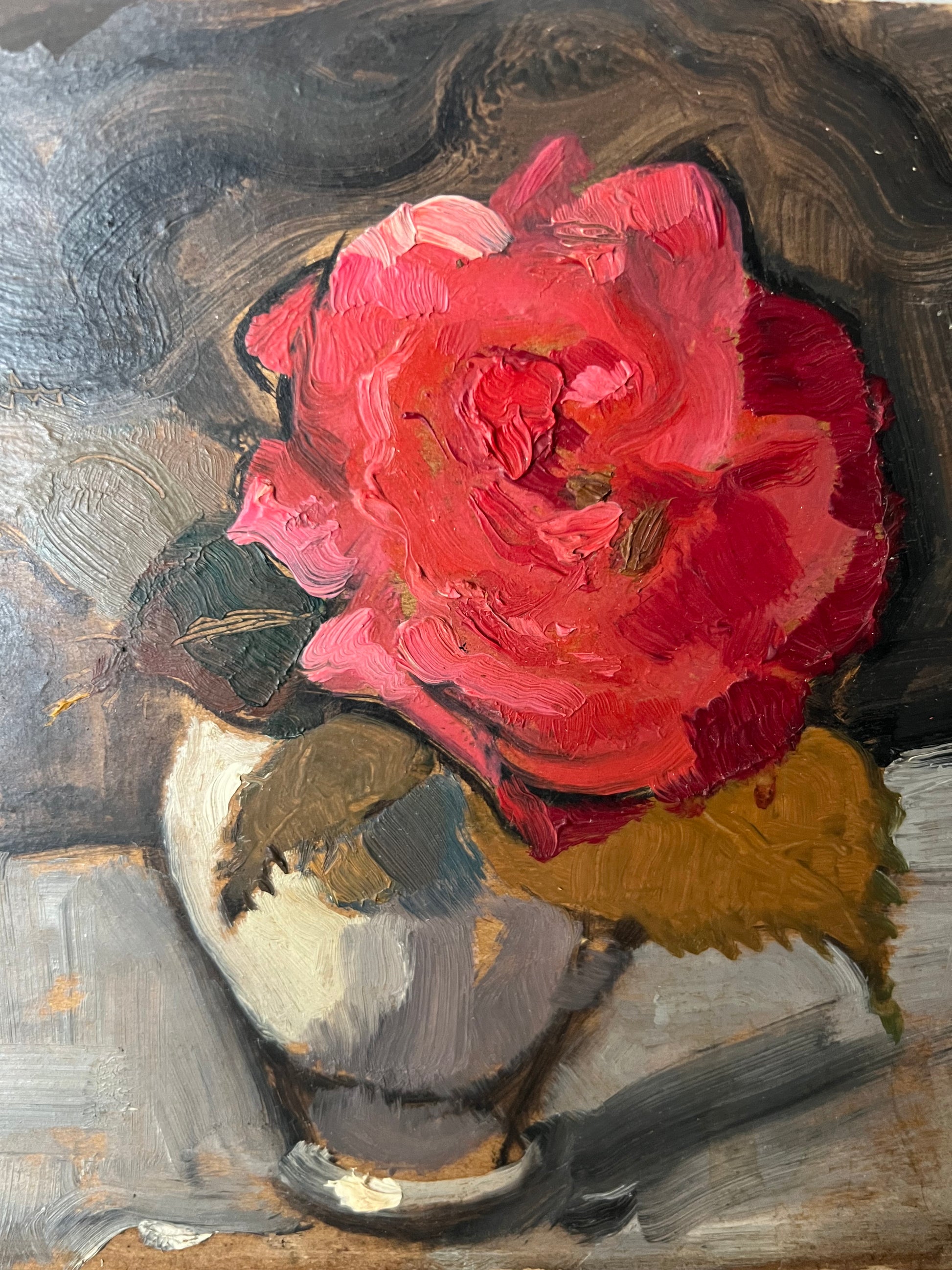 Vintage Mid Century Still Life Oil On Card Red Rose