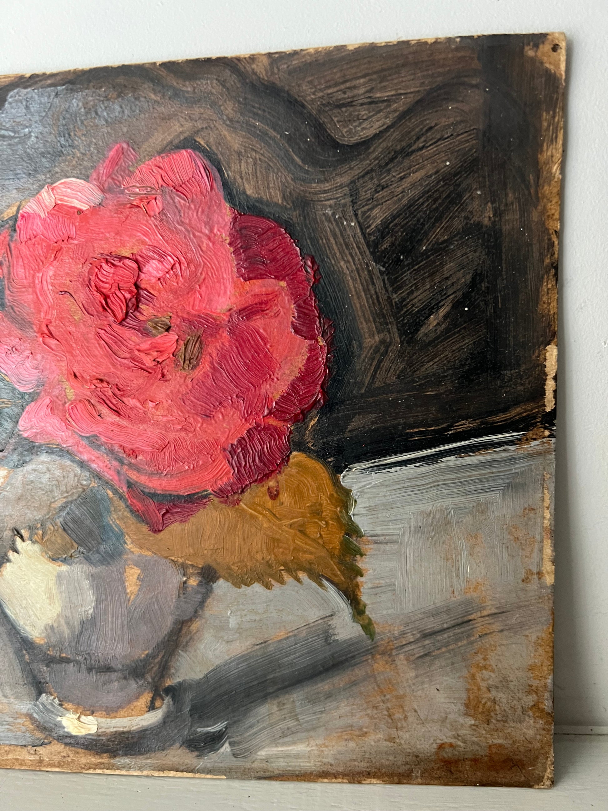 Vintage Mid Century Still Life Oil On Card Red Rose