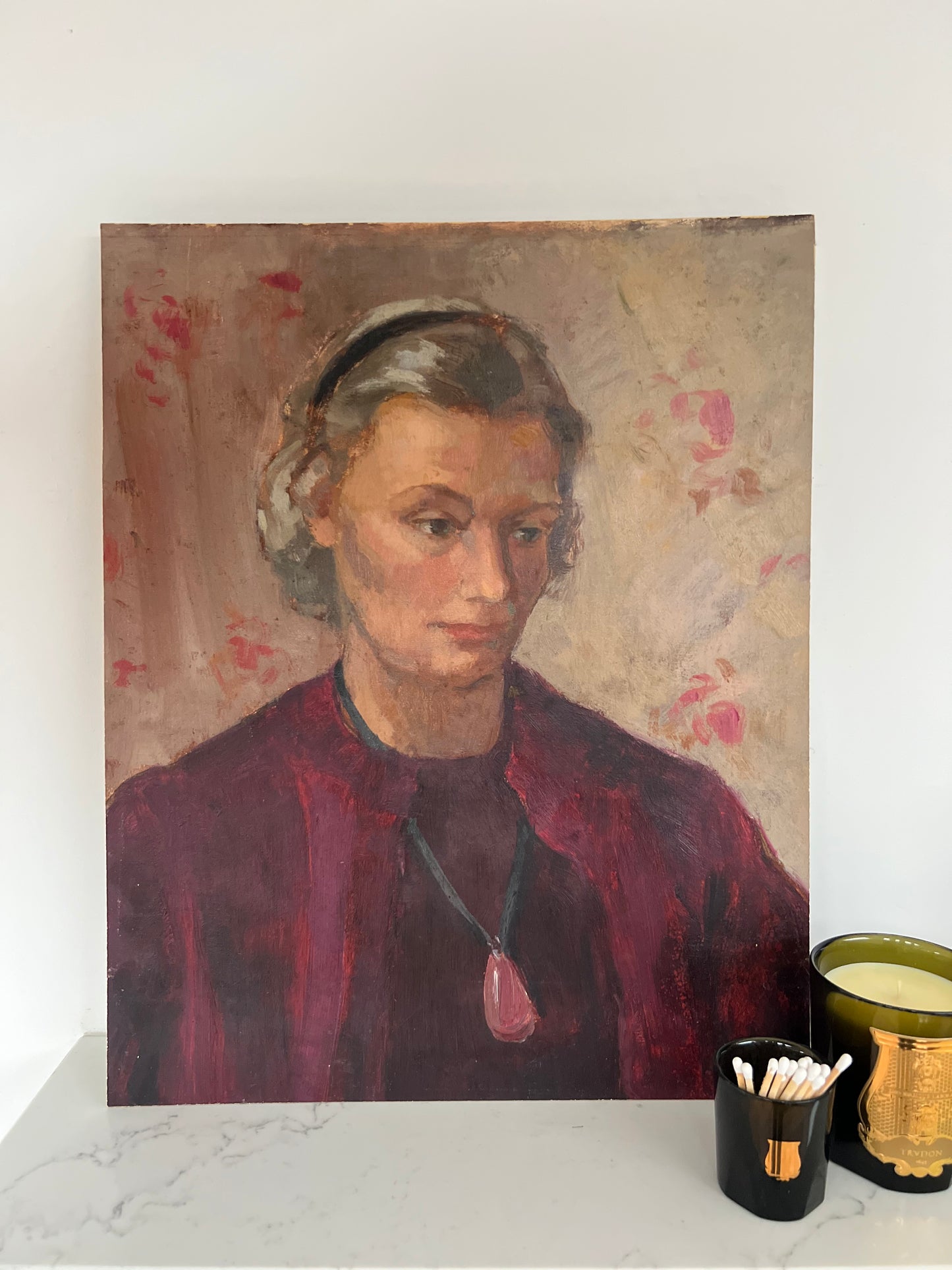 Vintage Mid Century Portrait Oil on Board Lady With Necklace