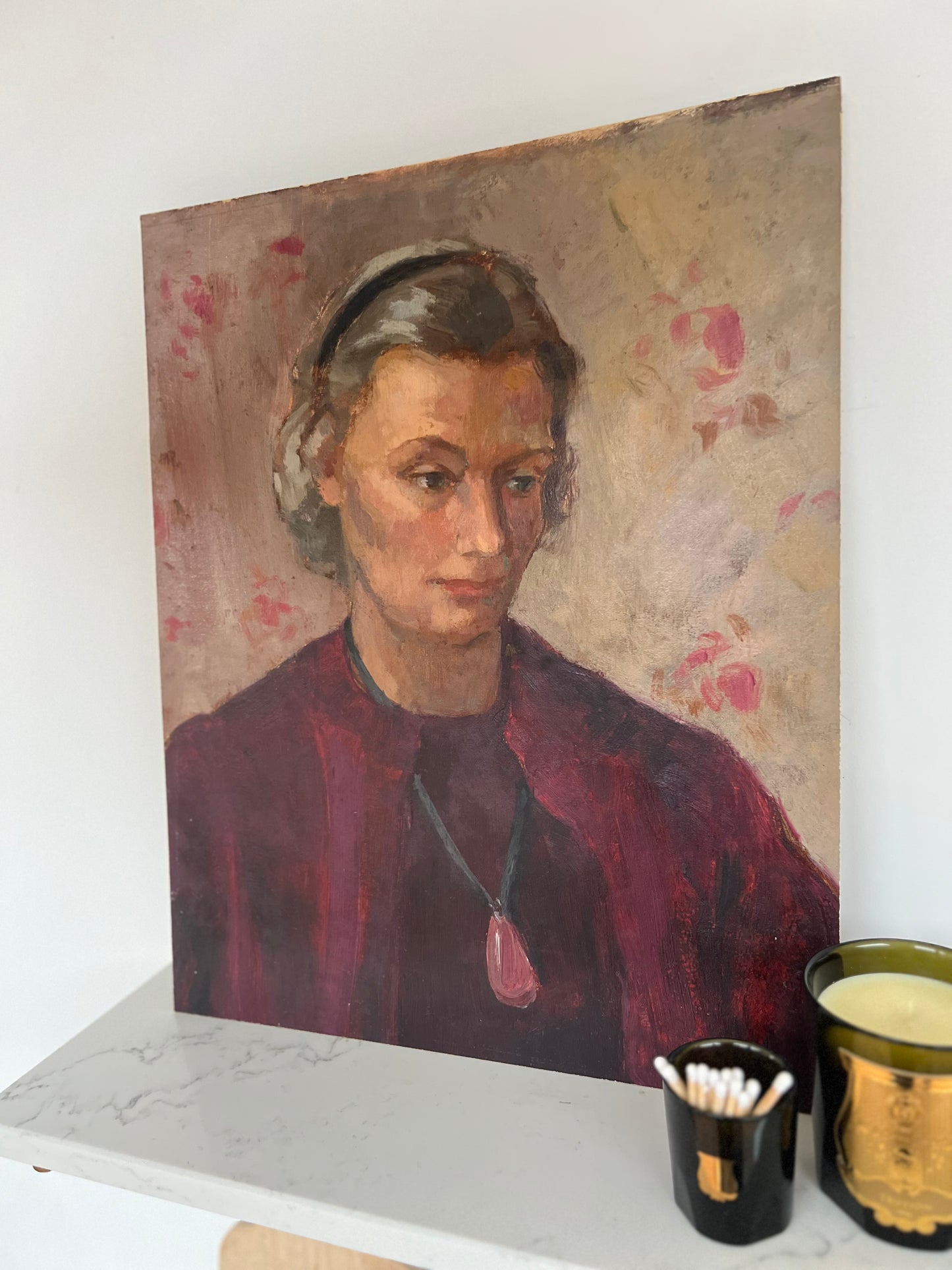 Vintage Mid Century Portrait Oil on Board Lady With Necklace