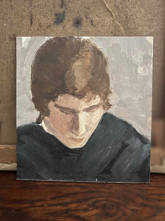 Vintage Mid Century Portrait Oil On Board Man In Navy Jumper